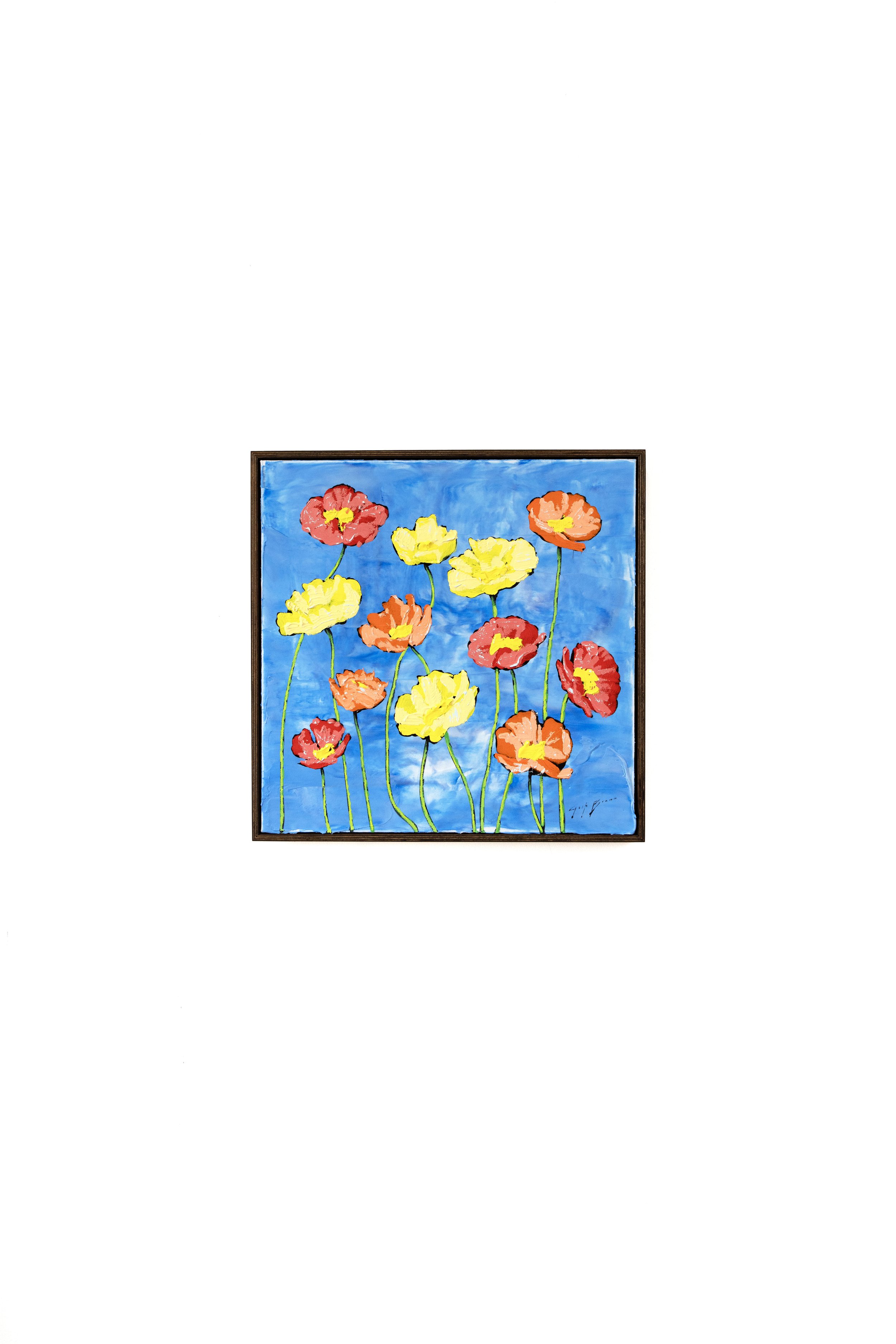 Square-format contemporary art with vibrant flowers painted on a rich sky-blue backdrop by Josh Brown.