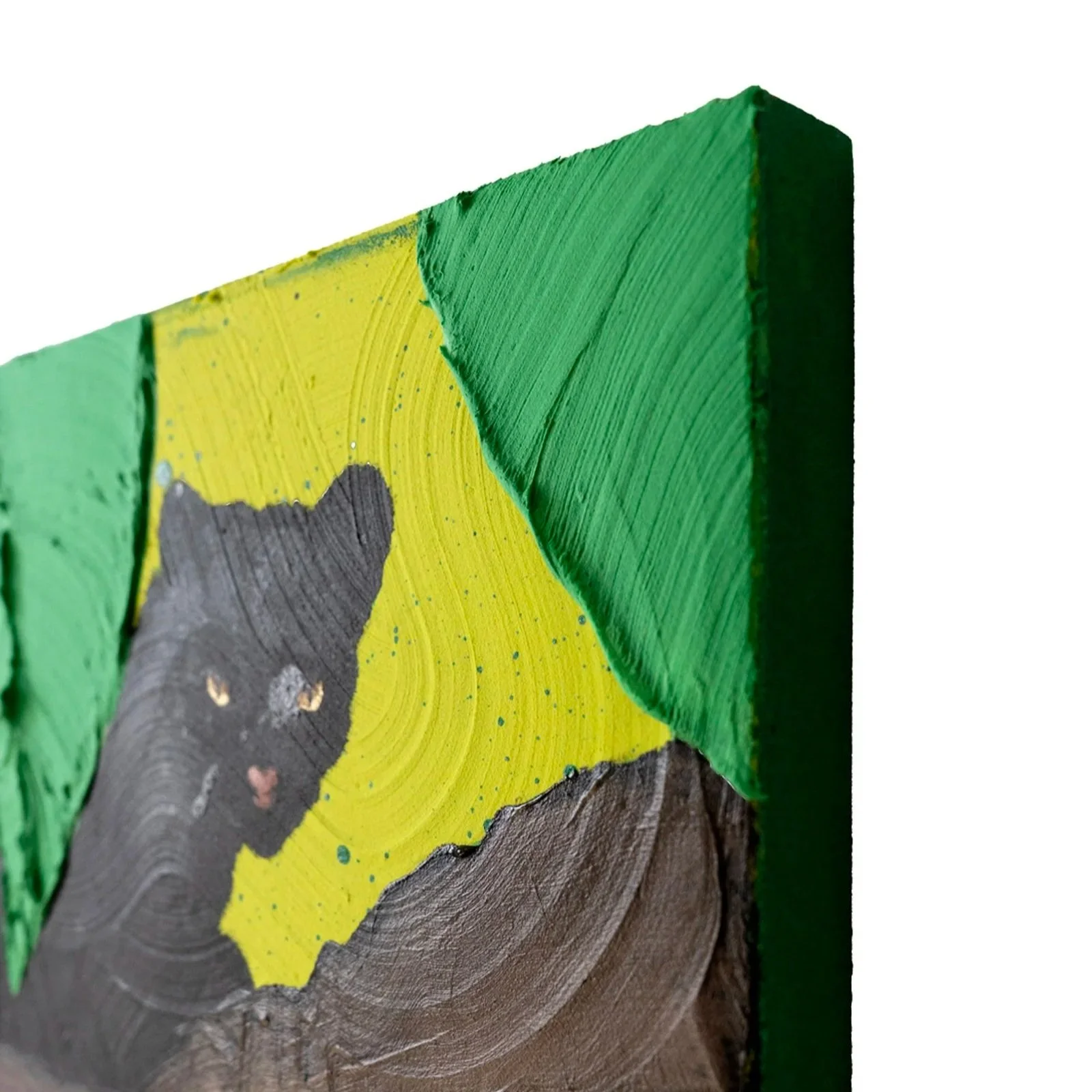 Detail crop of a modern jungle painting combining bold green leaves, black panthers, and expressive acrylic texture by Josh Brown.