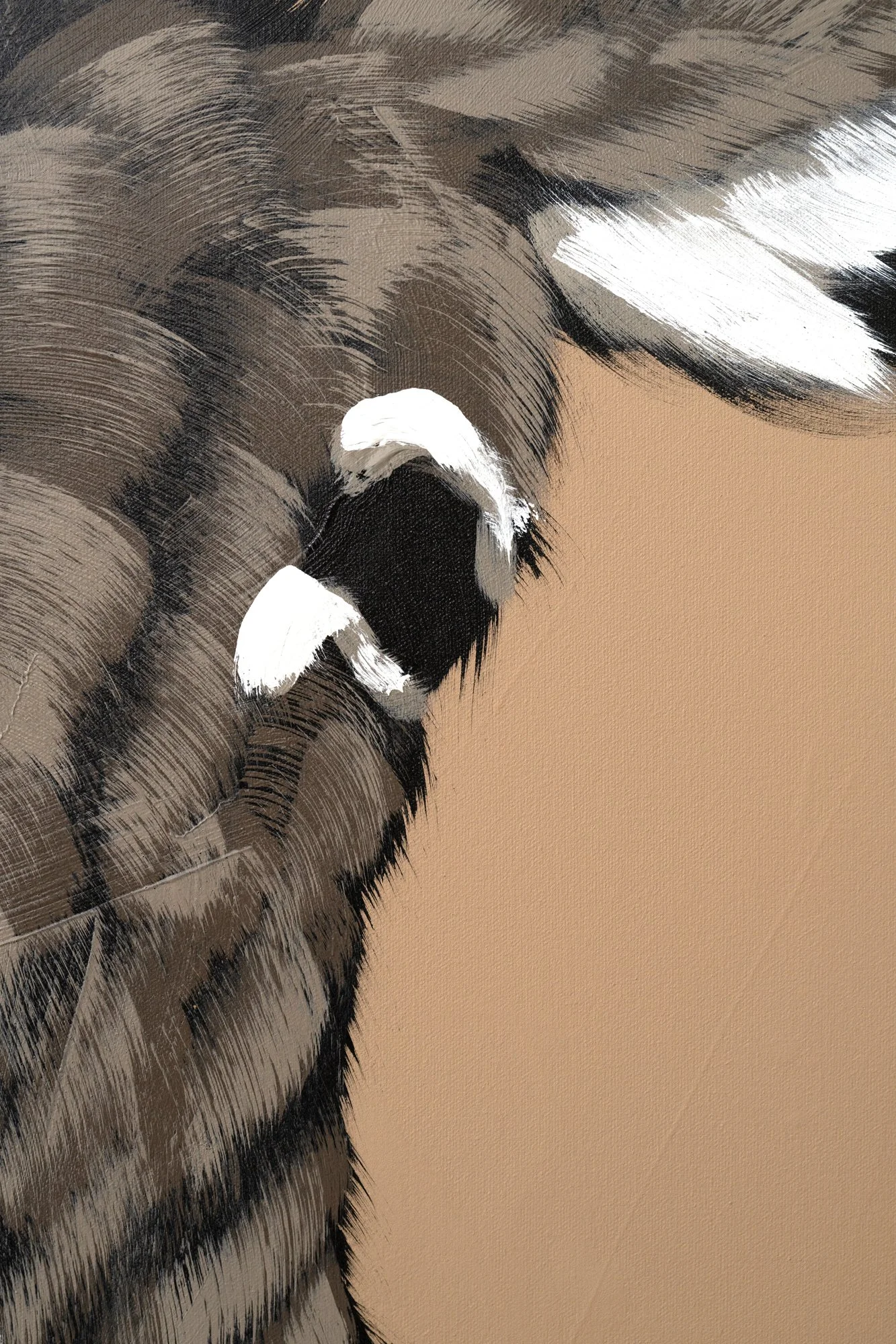 Modern animal portrait featuring a donkey rendered in dark tones against terracotta cropped in on the face demonstrating the brushwork by Josh Brown.