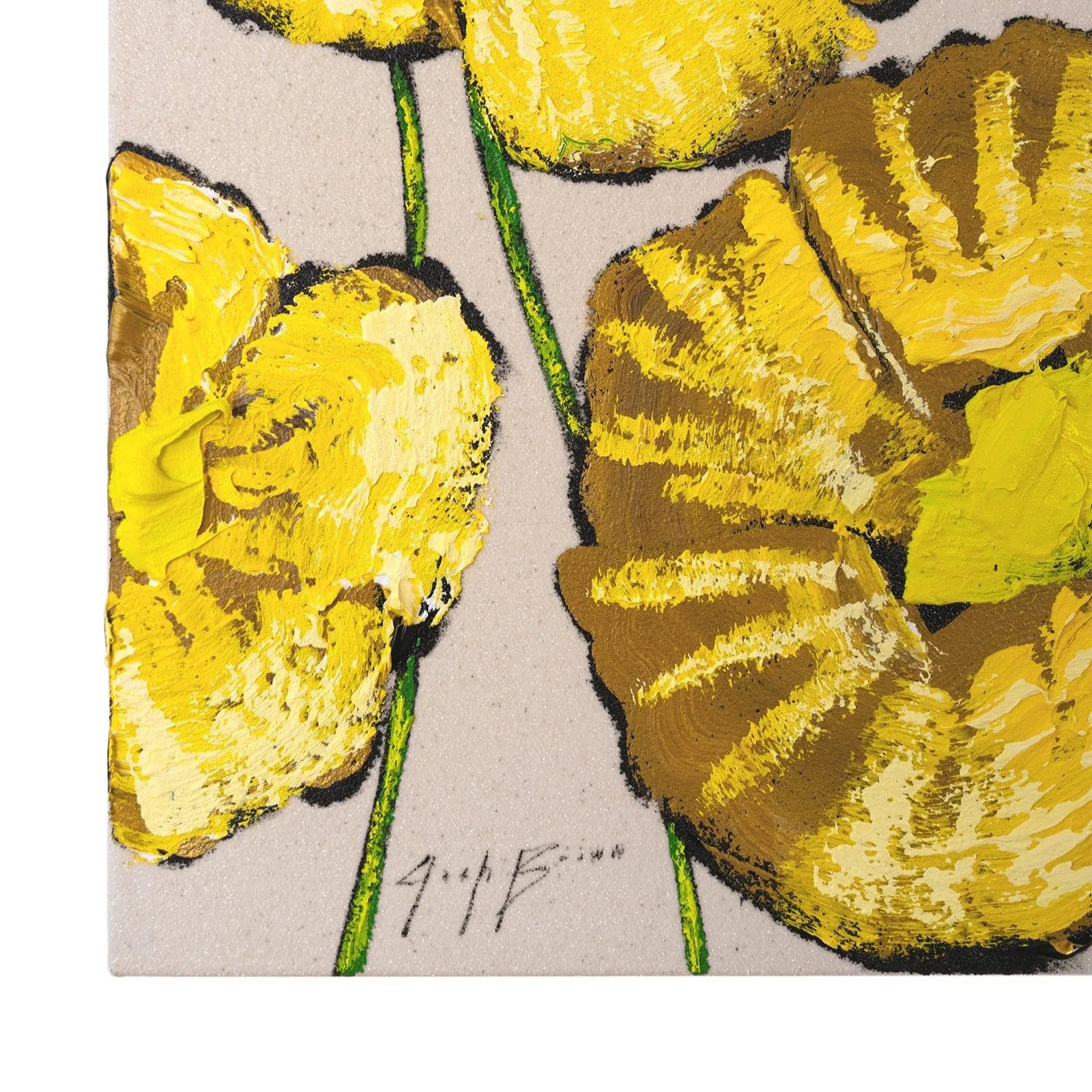 Contemporary floral artwork featuring warm golden-yellow blooms and expressive brushwork by Josh Brown.
