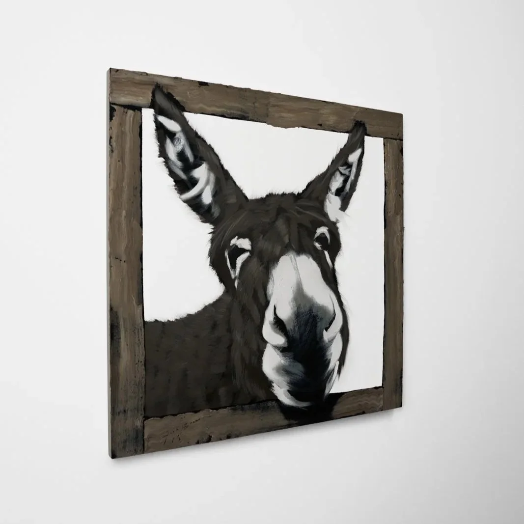 Contemporary farm animal artwork featuring a donkey against a stark white field by Josh Brown.