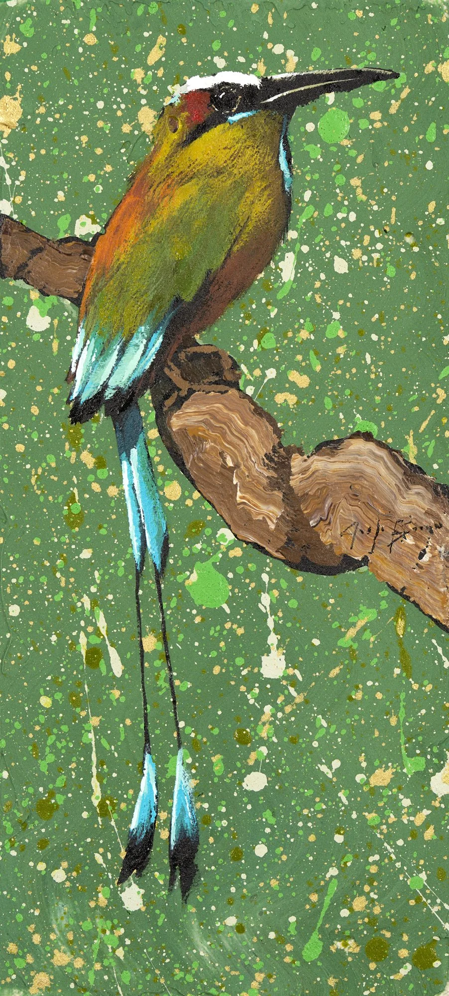 An acrylic painting of a bird on a branch in the jungle in vibrant shades of green, blue, yellow,  red, white, and black by NYC based painter Josh Brown.