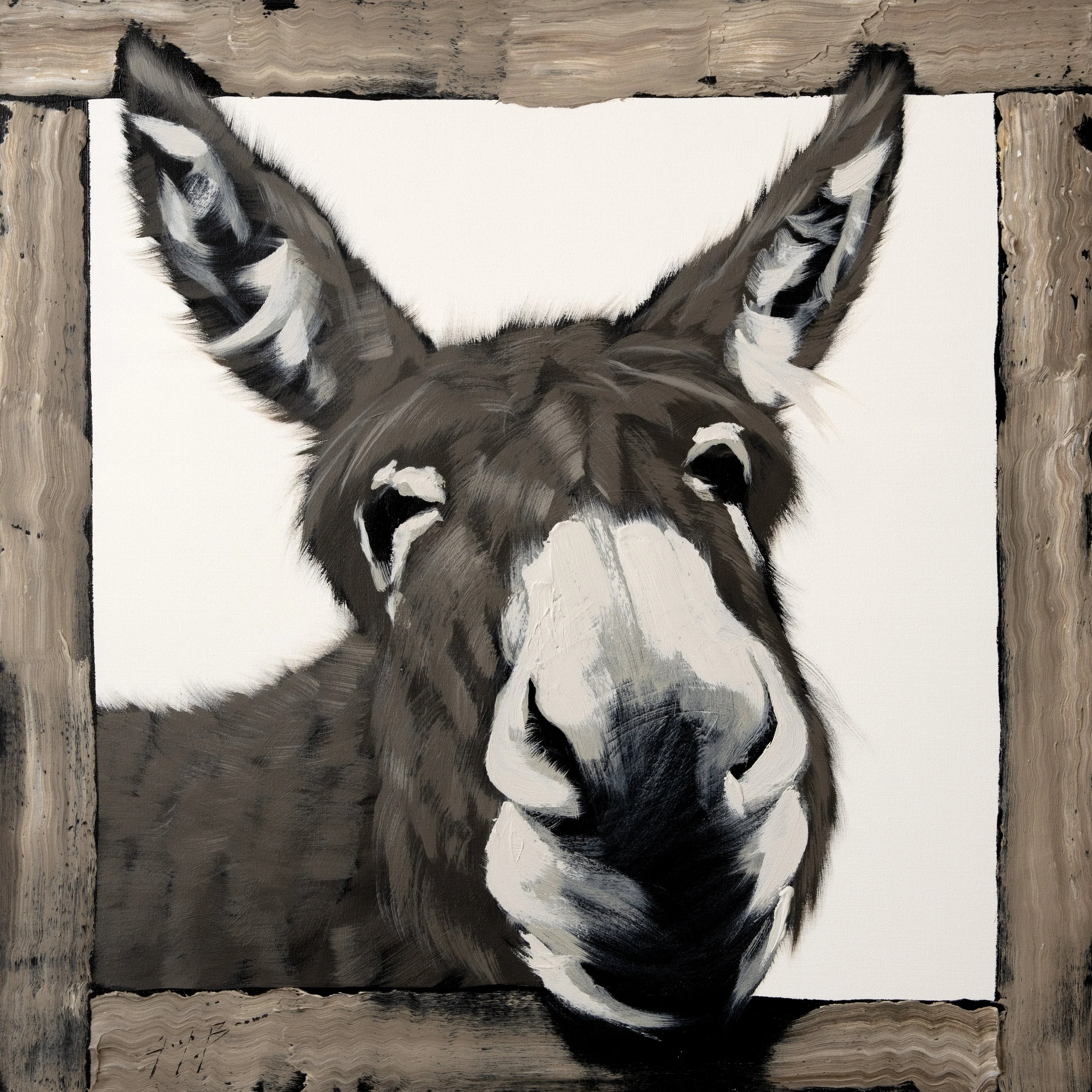 Original acrylic painting of a gray donkey framed within a rustic window, rendered with soft contrast and expressive brushwork. Contemporary wildlife art created with archival materials for refined, modern collectors.