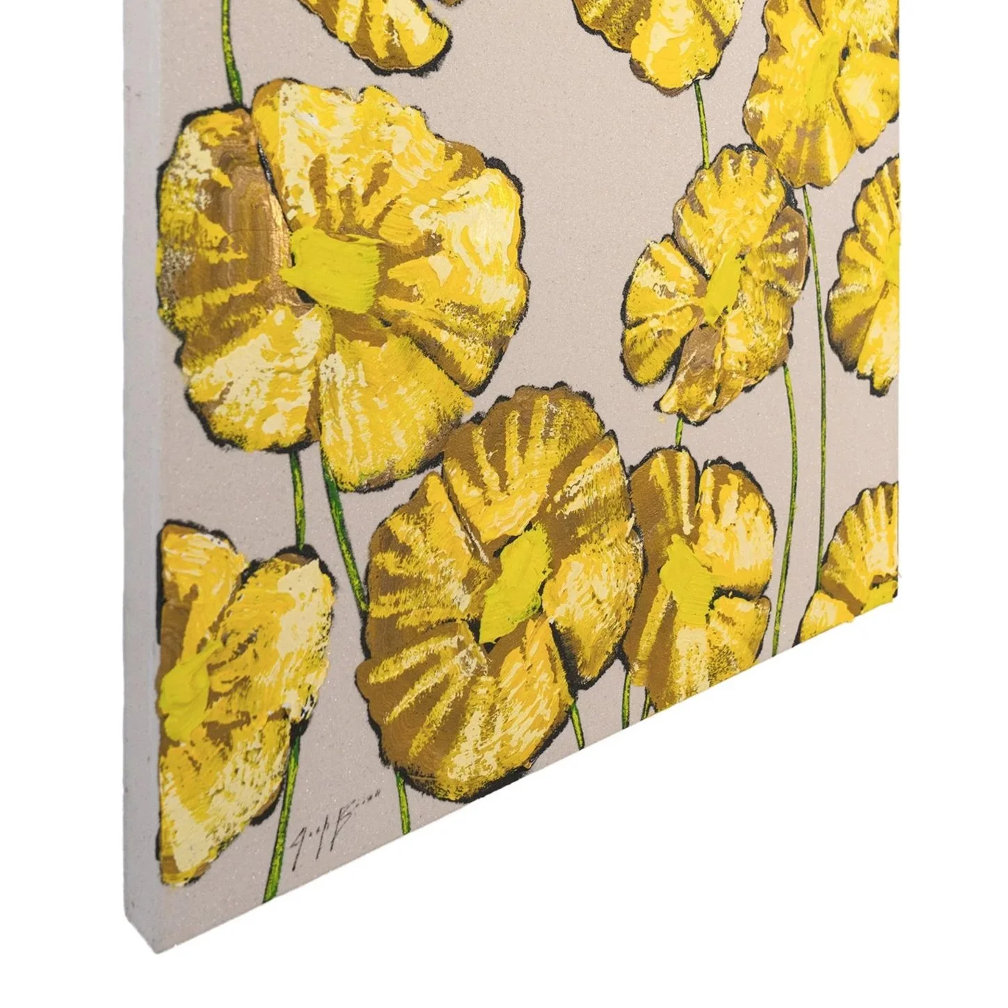 Square-format floral painting showcasing rich yellow tones and painterly texture by Josh Brown.
