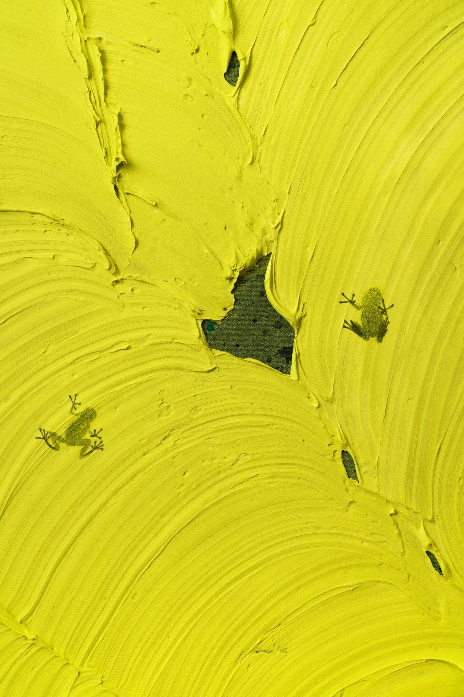 Close-up of expressive yellow brushstrokes forming oversized leaf shapes in a modern botanical painting with frog shadow silhouettes by NYC based painter Josh Brown.