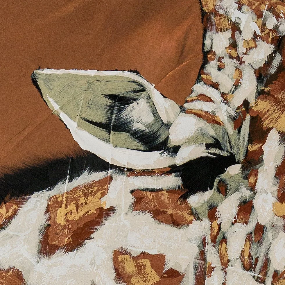 Macro view of thick acrylic texture and gestural mark-making in a contemporary giraffe artwork by Josh Brown.