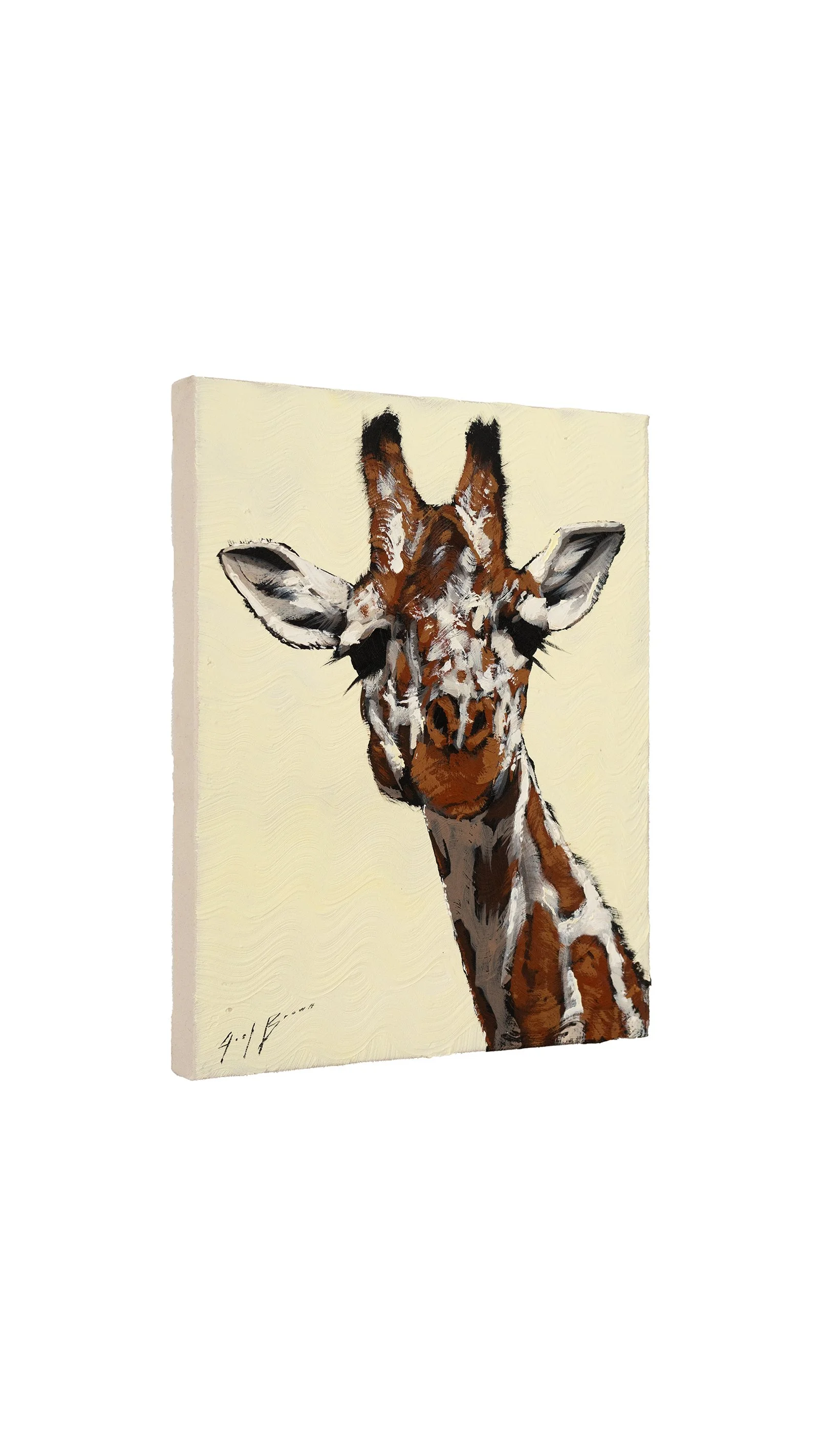 Contemporary giraffe portrait painted in expressive acrylic strokes on a soft lemon background by Josh Brown.