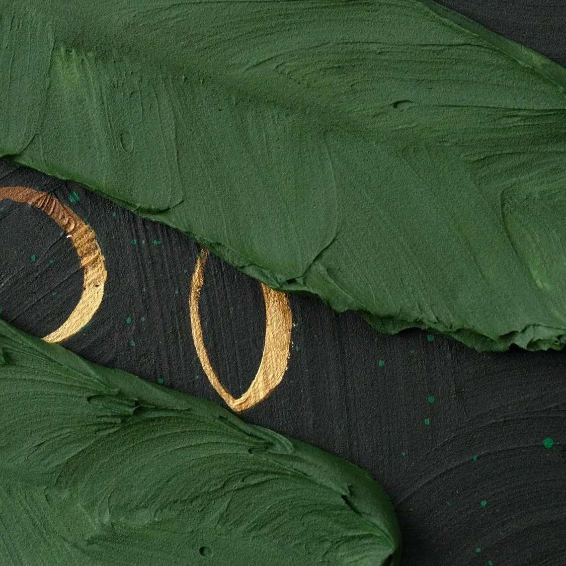 Close-up of expressive acrylic brushwork forming oversized leaves in a modern fine art jungle composition by Josh Brown.