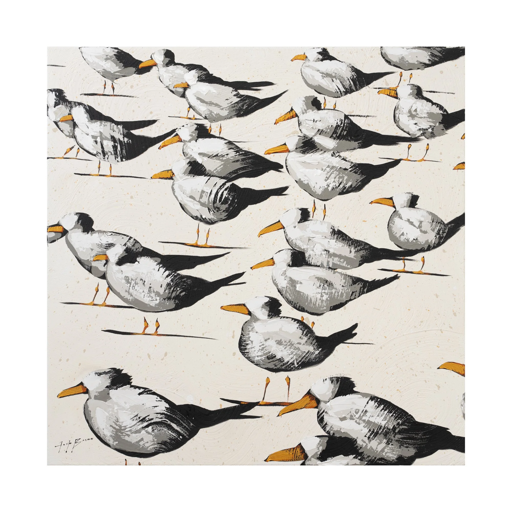 Contemporary painting of black-and-white shorebirds arranged in a diagonal pattern by New York City based artist Josh Brown.