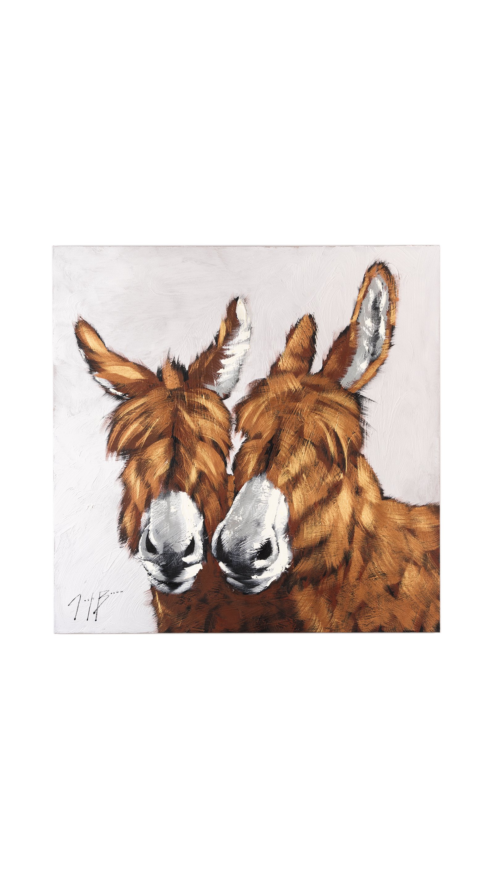 Painterly portrait of two donkeys shown close together against a textured white background by Josh Brown.