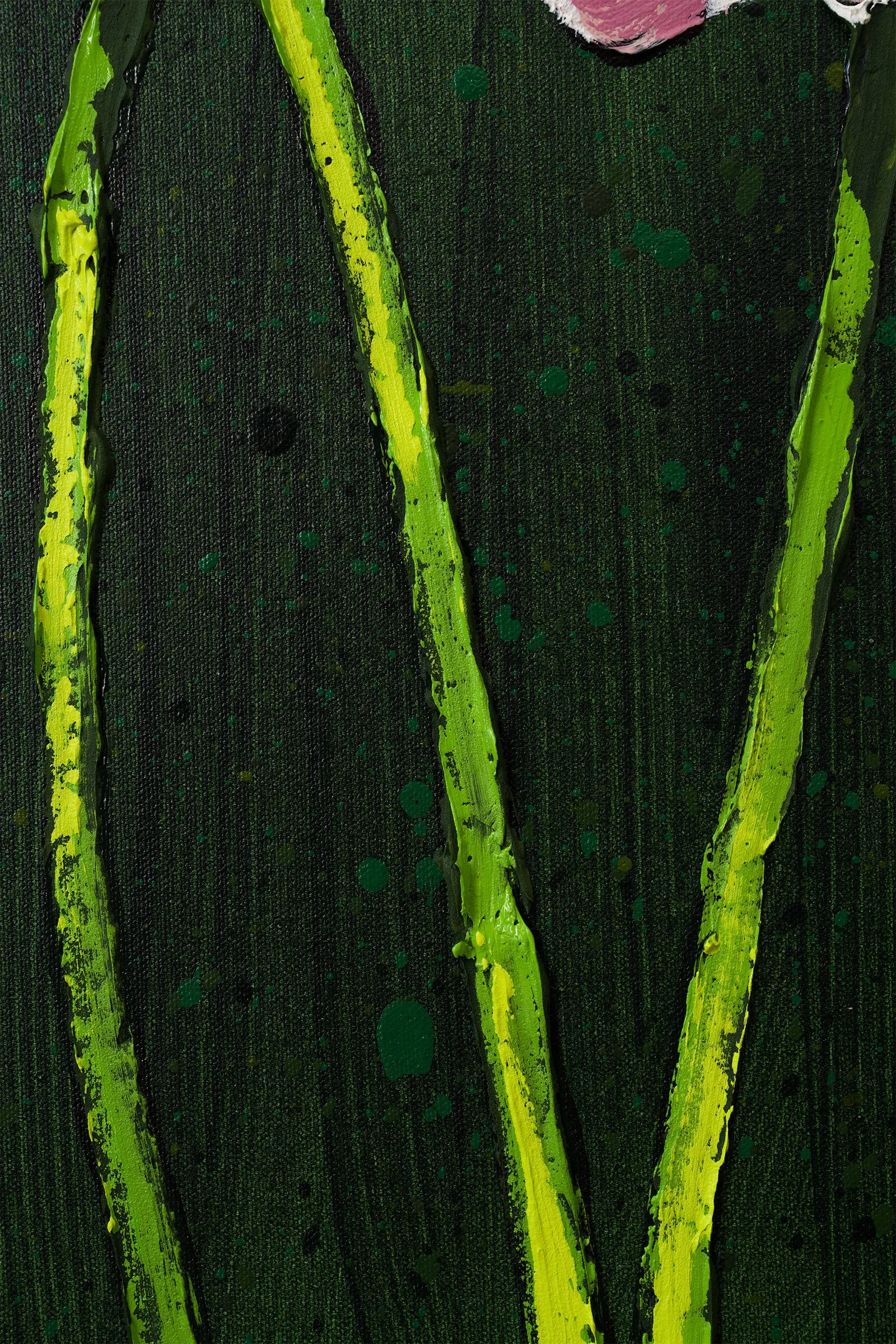 Modern botanical artwork of pink hibiscus flowers painted in expressive acrylic paint cropped to demonstrate the beauty of the simple green stems by Josh Brown.
