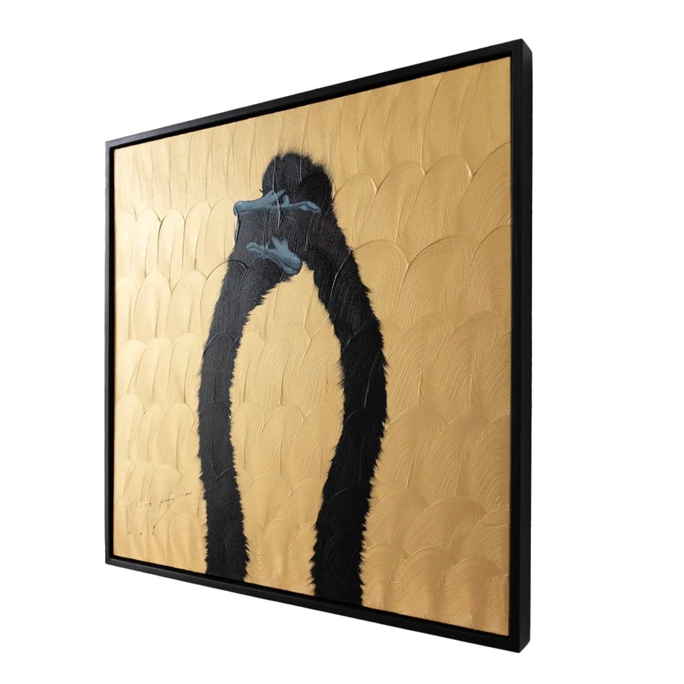Angled view of a contemporary ostrich painting featuring restrained color, tactile surface, and emotional symbolism by Josh Brown.