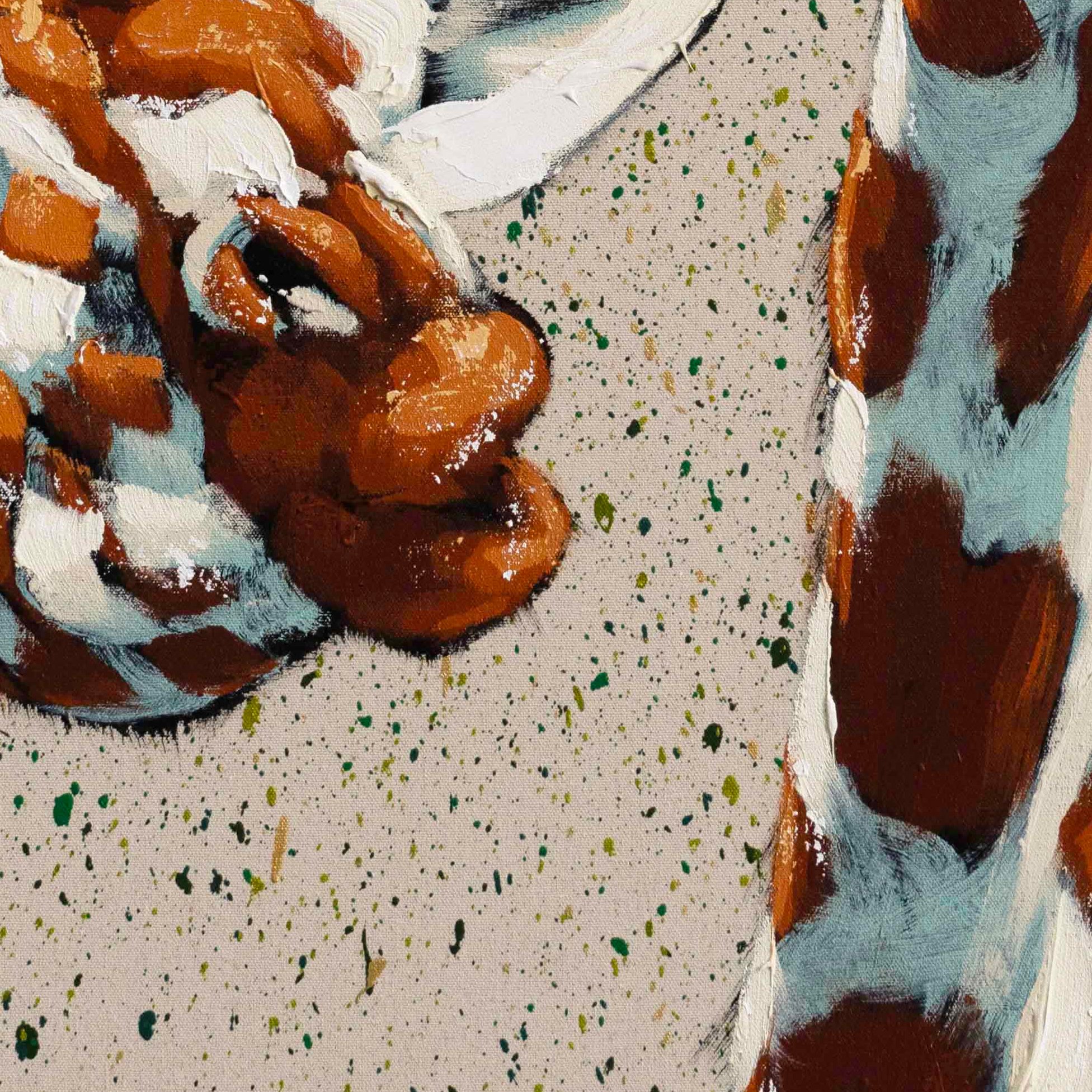 Zoomed-in view of sculptural paint application defining giraffe features in modern figurative art by Josh Brown.