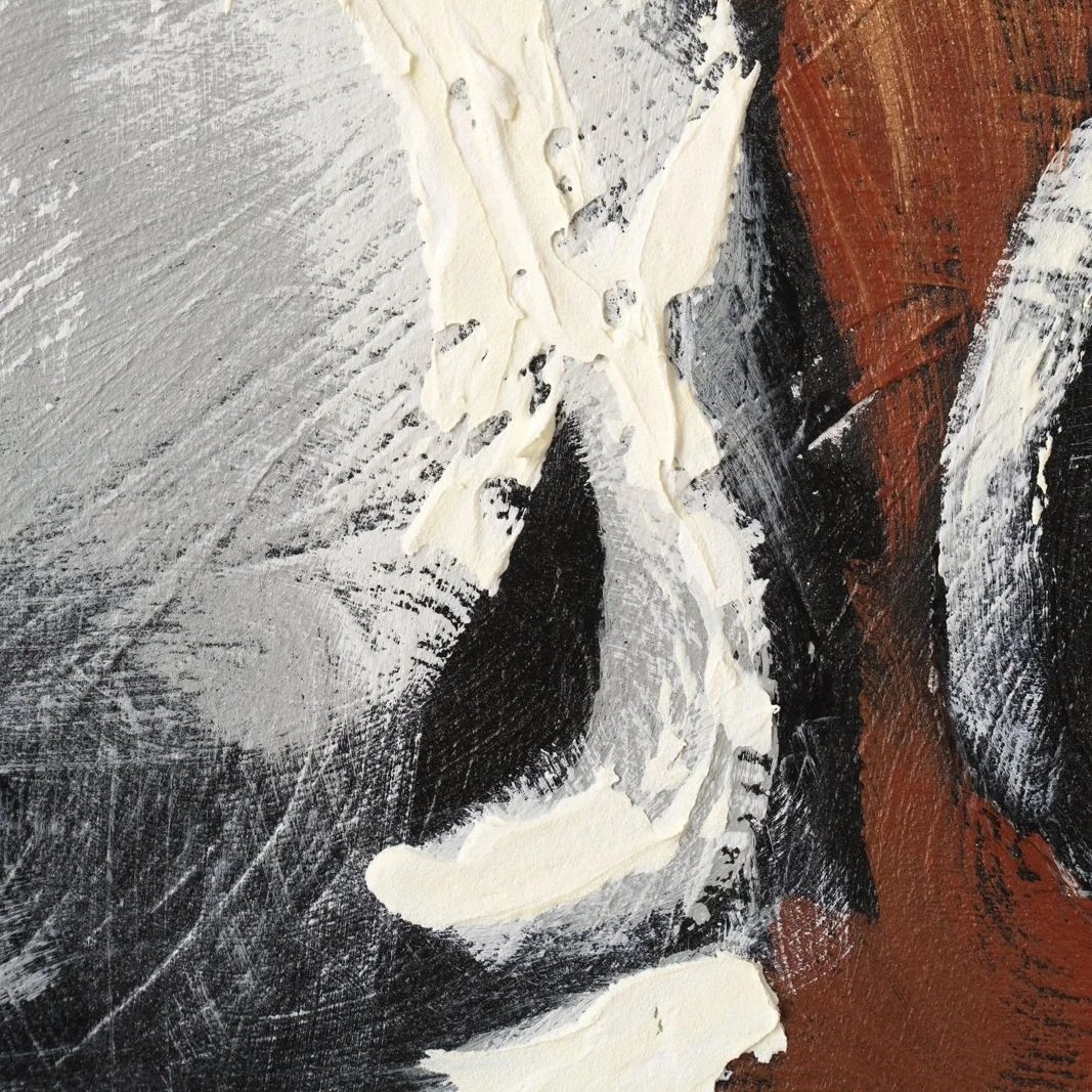 Expressive painting of two donkeys rendered with loose, visible brushstrokes cropped in on the nostril of one donkey by the artist Josh Brown.