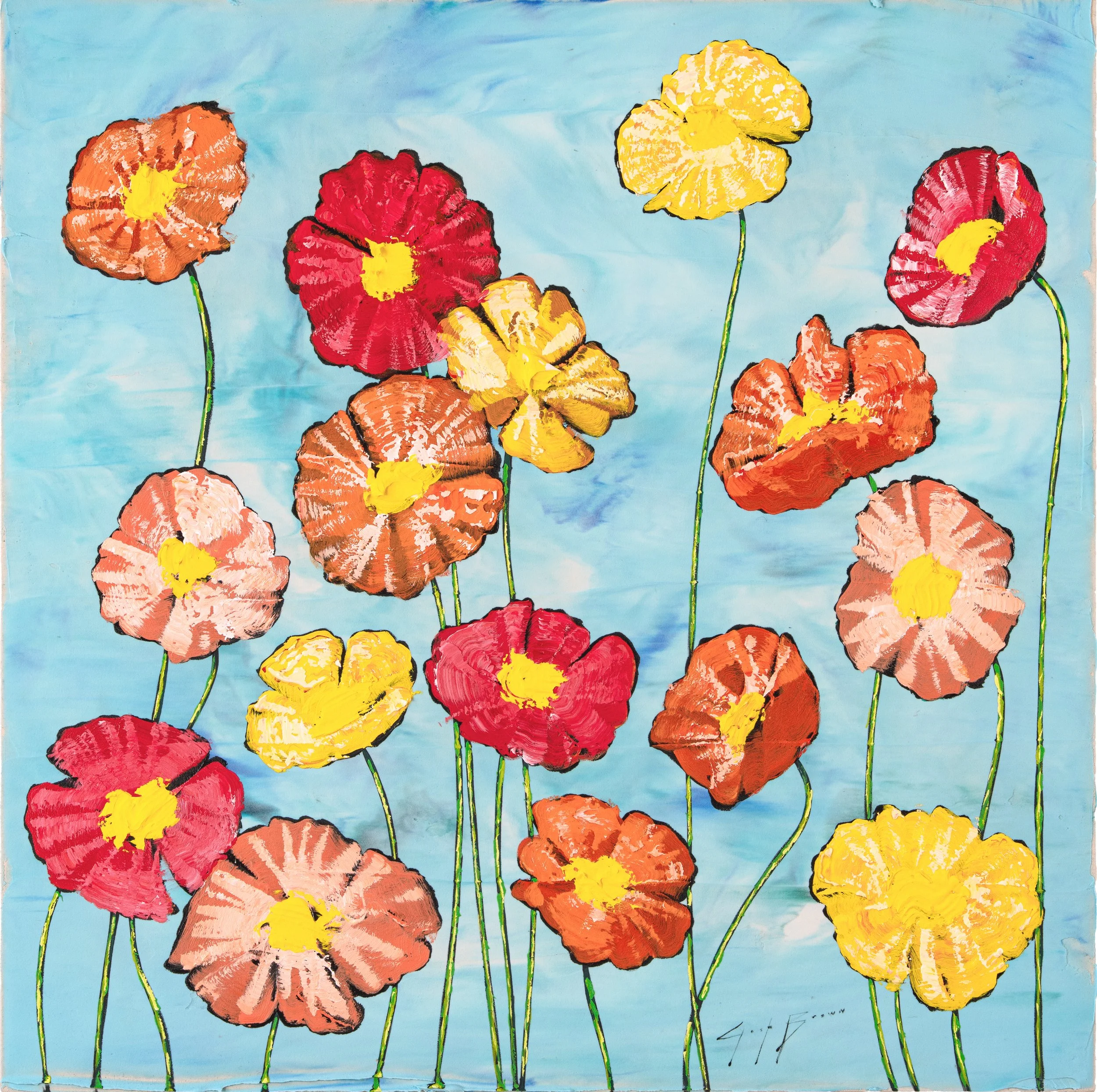 Original acrylic painting of vibrant red, pink, orange, and yellow flowers on slender green stems against a soft sky-blue background. Contemporary floral fine art with bold texture for modern collectors.