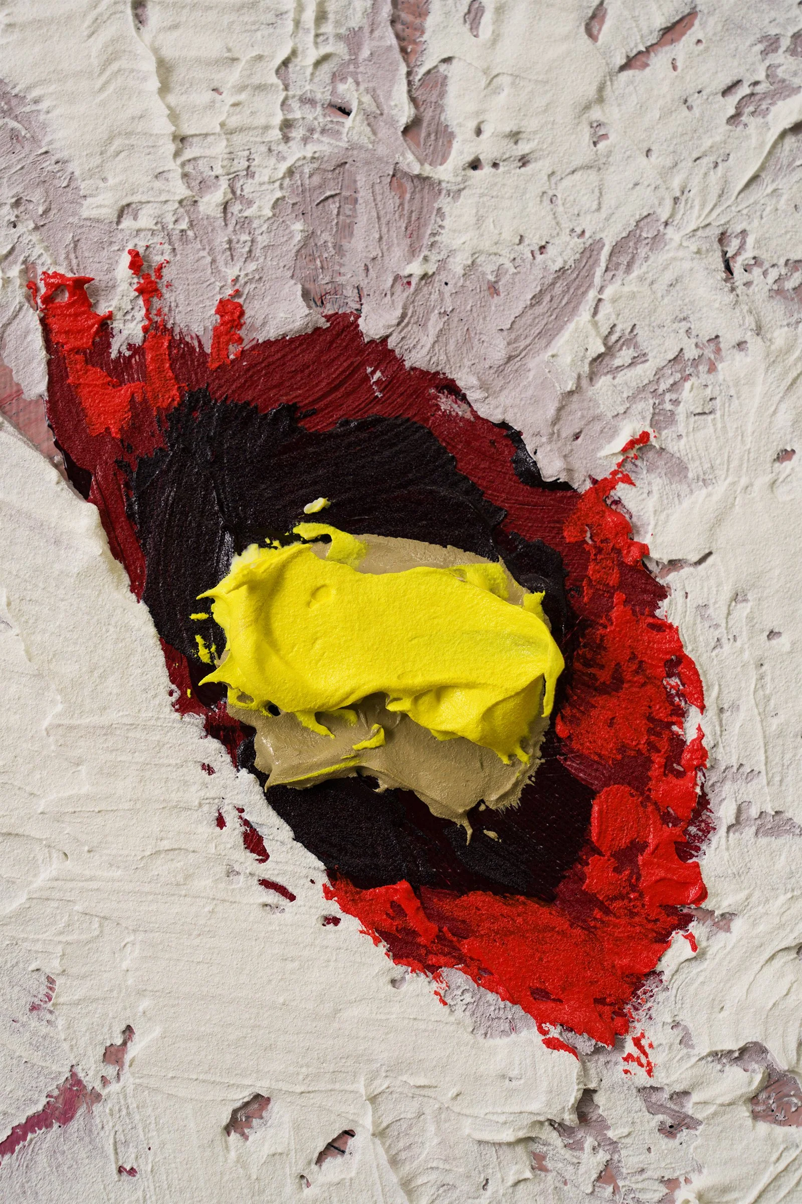 Large-scale hibiscus flower painting with textured petals and rich green ground cropped to focus on the yellow, red, brown, and white core of the flower by Josh Brown.