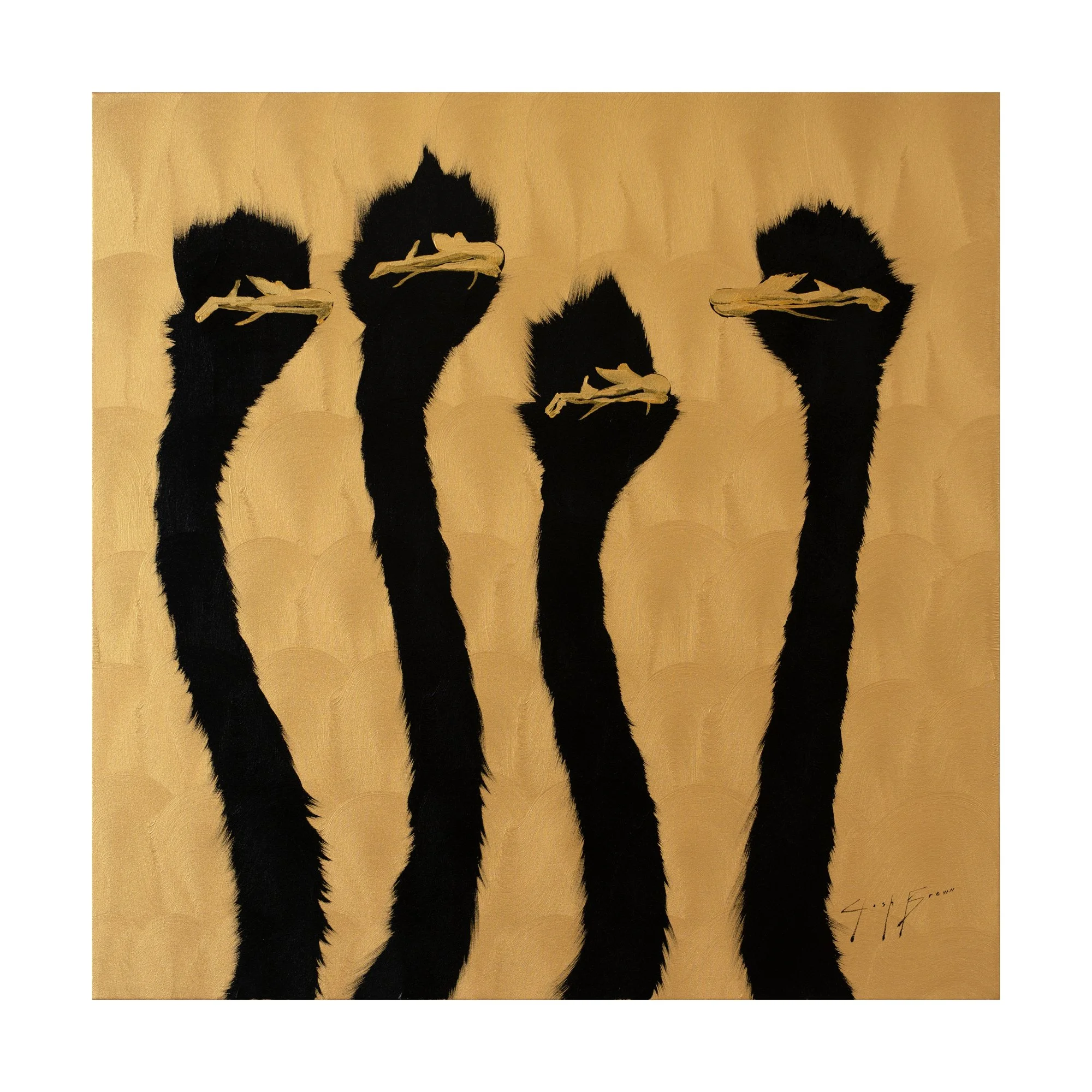 Detail of black ostrich silhouettes contrasted against a luminous gold background in a contemporary figurative animal painting by Josh Brown.