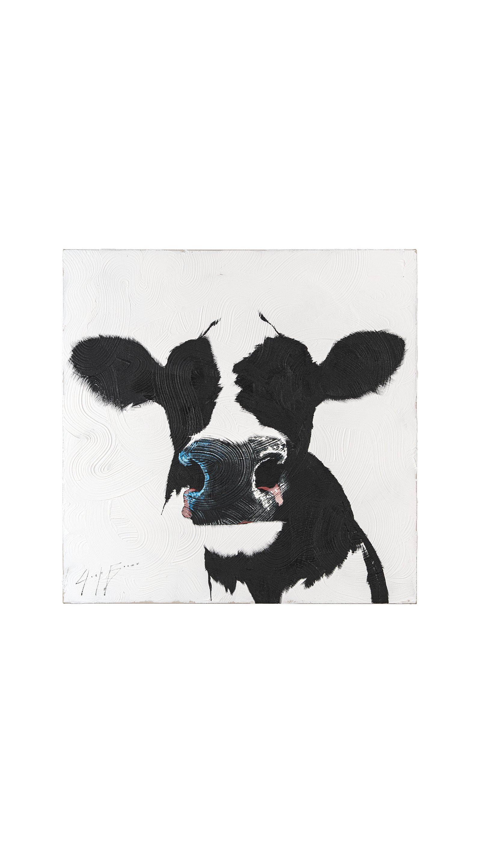 Minimalist cow portrait rendered in bold black brushstrokes on a textured white background by Josh Brown.