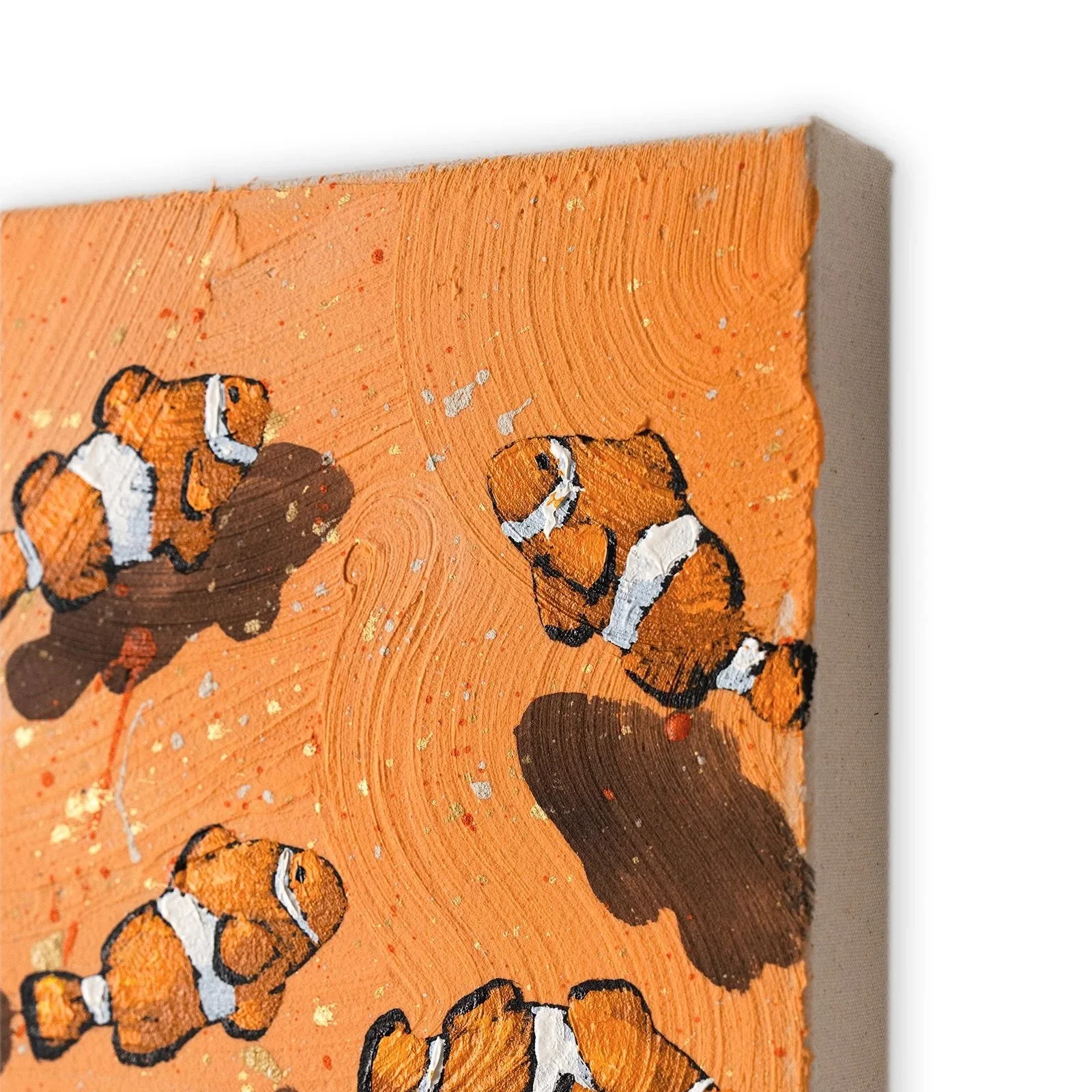 Whimsical ocean-inspired painting with expressive clownfish forms by Josh Brown.