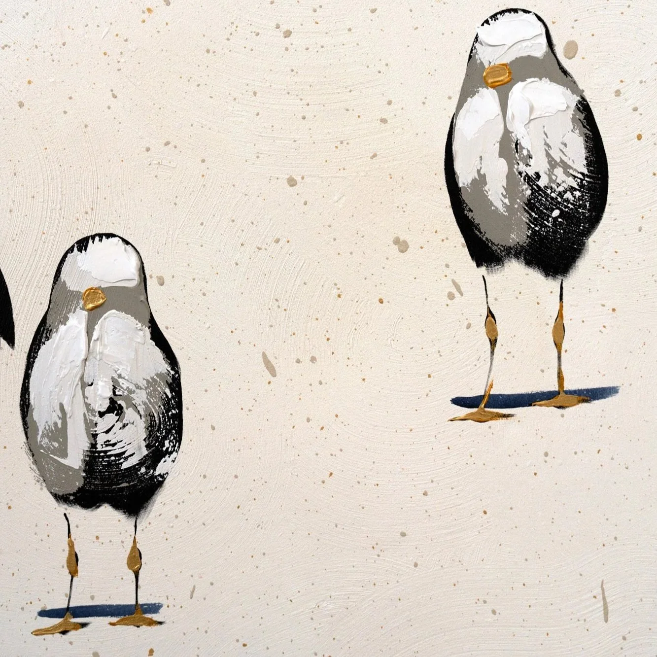 Collectible coastal art depicting seagulls gathered across an abstract sandy surface by Josh Brown.