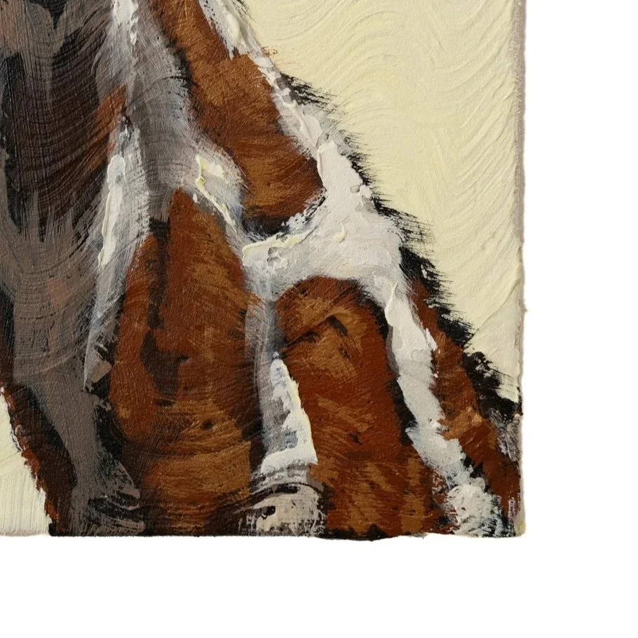 Detail of a giraffe portrait combining painterly abstraction with playful realism by Josh Brown.