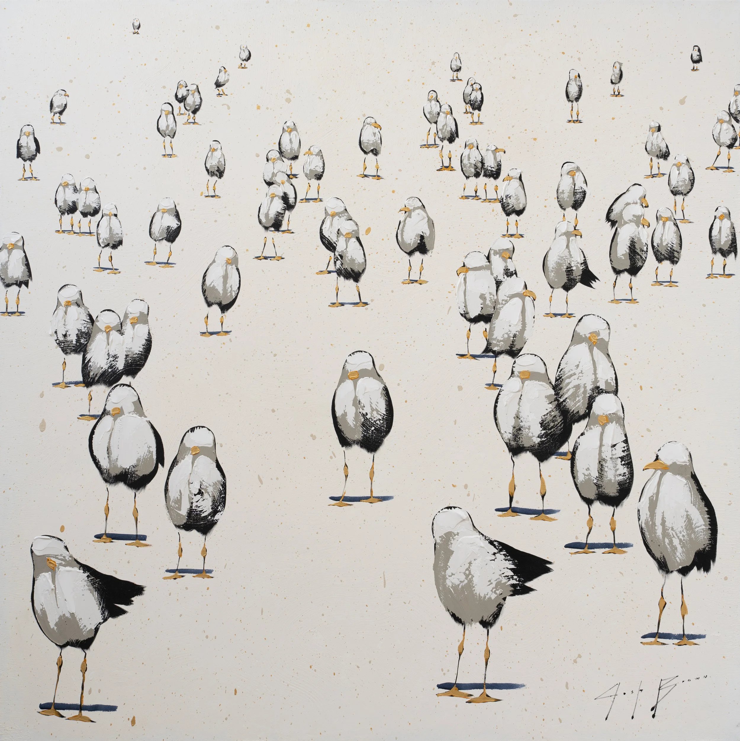 Original acrylic painting of a scattered flock of seaside birds on a soft neutral background, rendered with loose, expressive brushwork. Contemporary wildlife fine art with subtle texture for modern collectors.