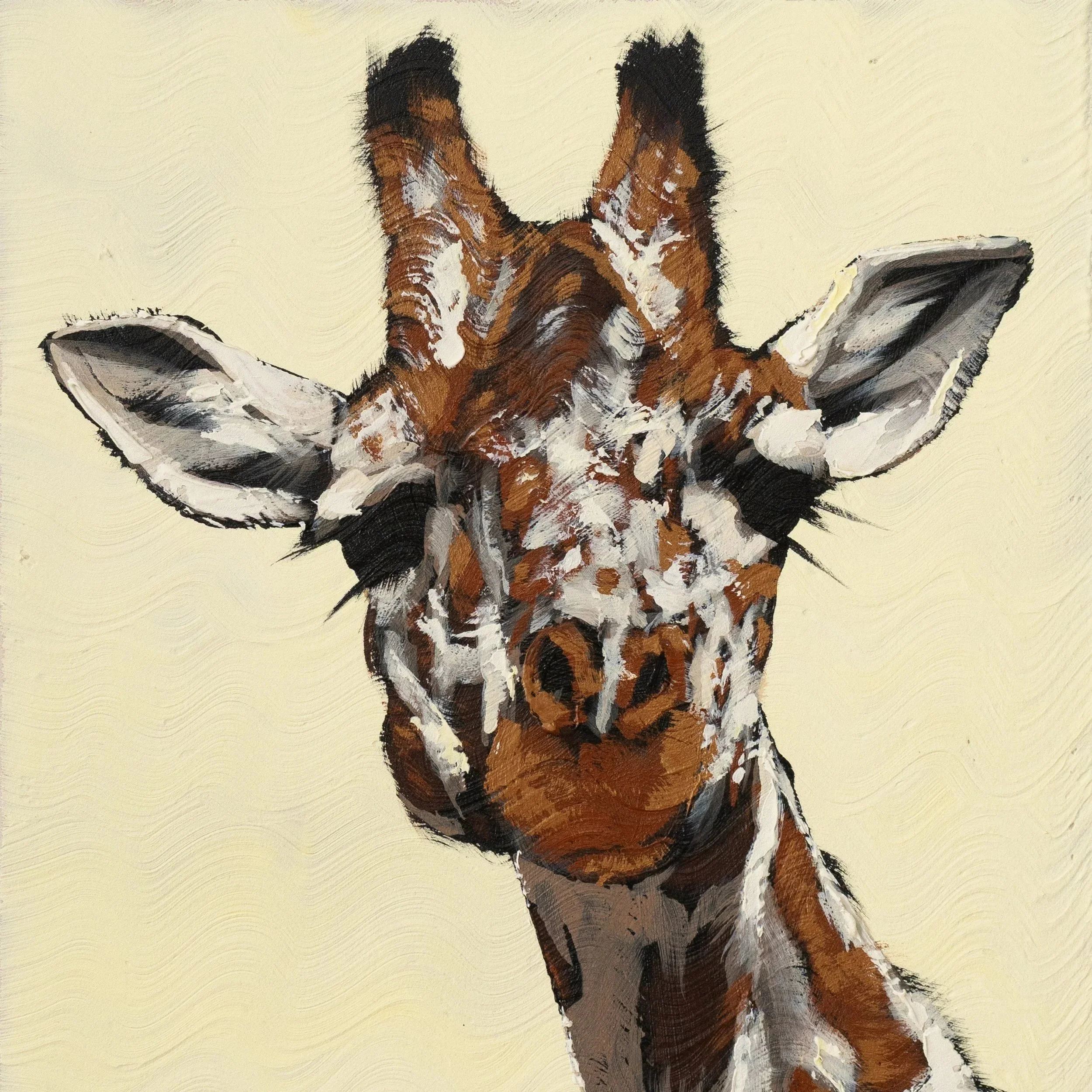 Original acrylic painting of a giraffe’s head and long neck emerging against a soft lemon-yellow background, rendered with expressive brushstrokes and layered textures.