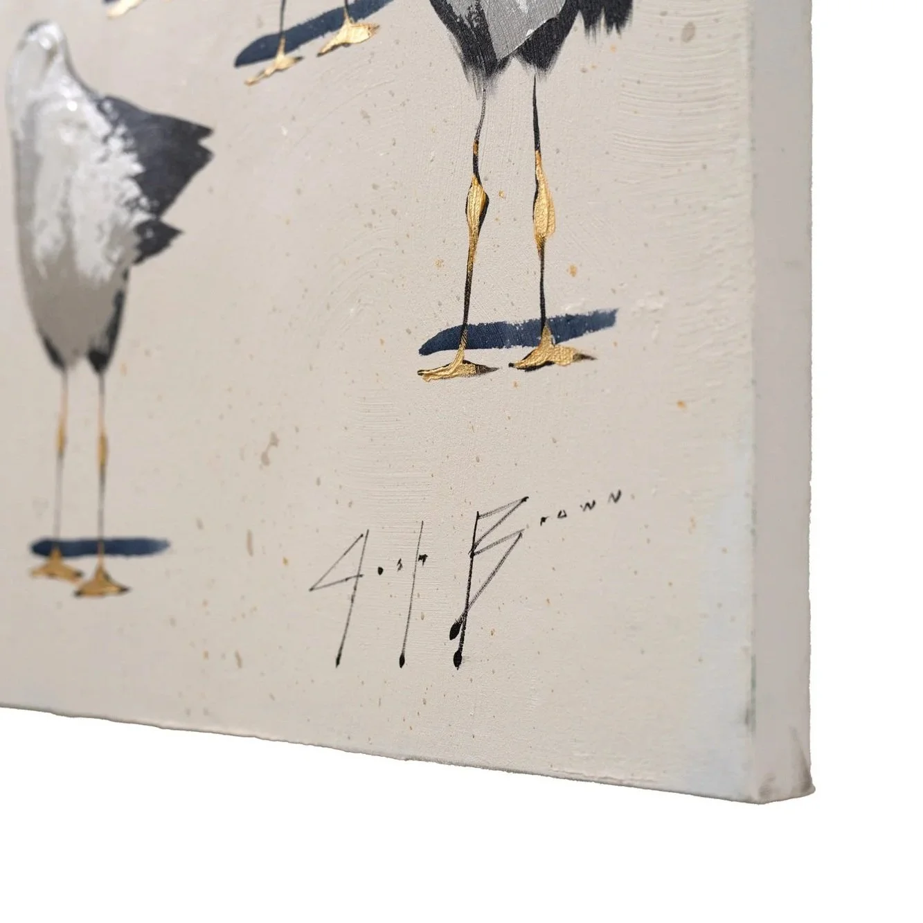 Original acrylic artwork featuring a flock of beach birds painted in soft neutrals by New York City based painter Josh Brown.