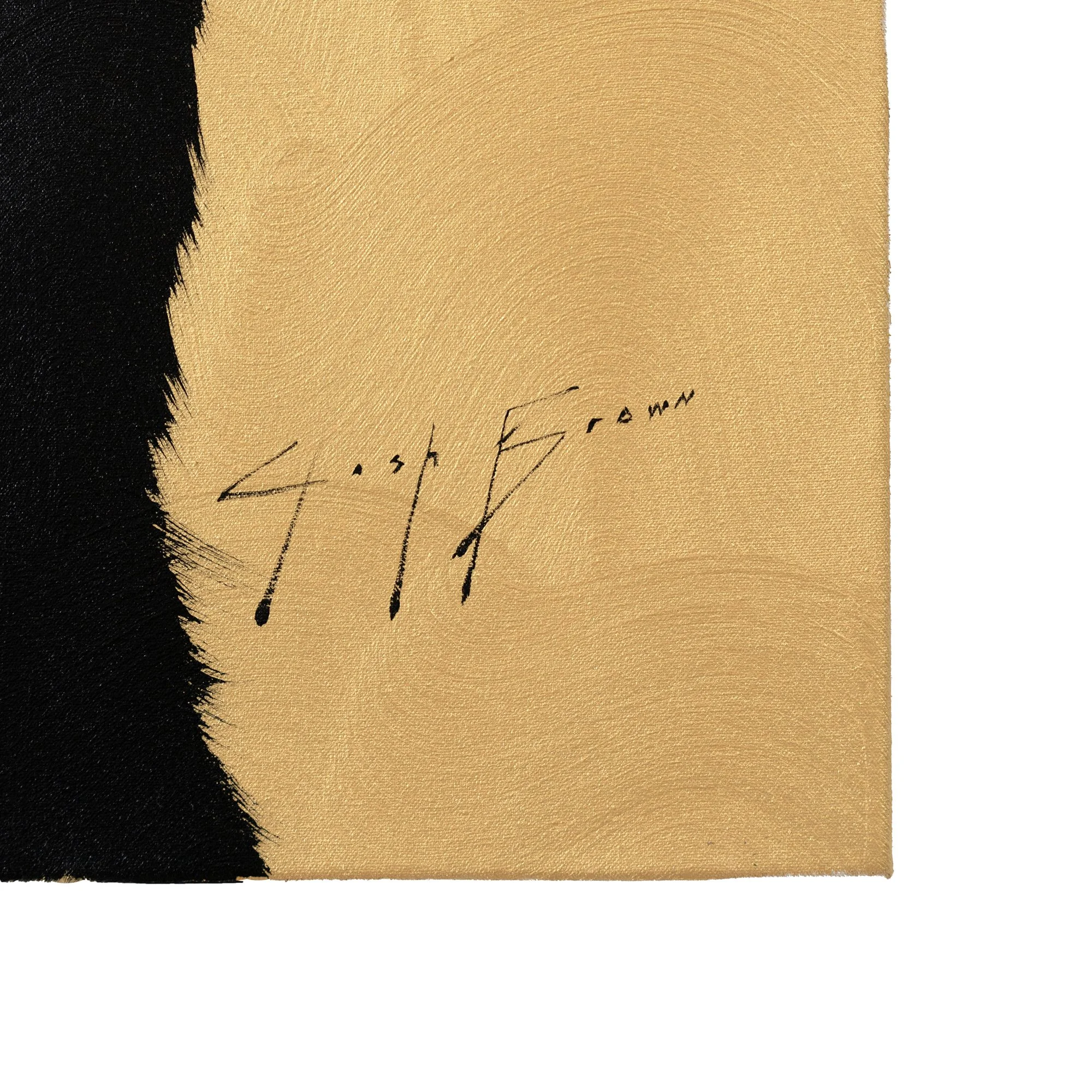 Close-up of textured gold paint with feathered black brushwork in a modern animal-inspired artwork by Josh Brown.