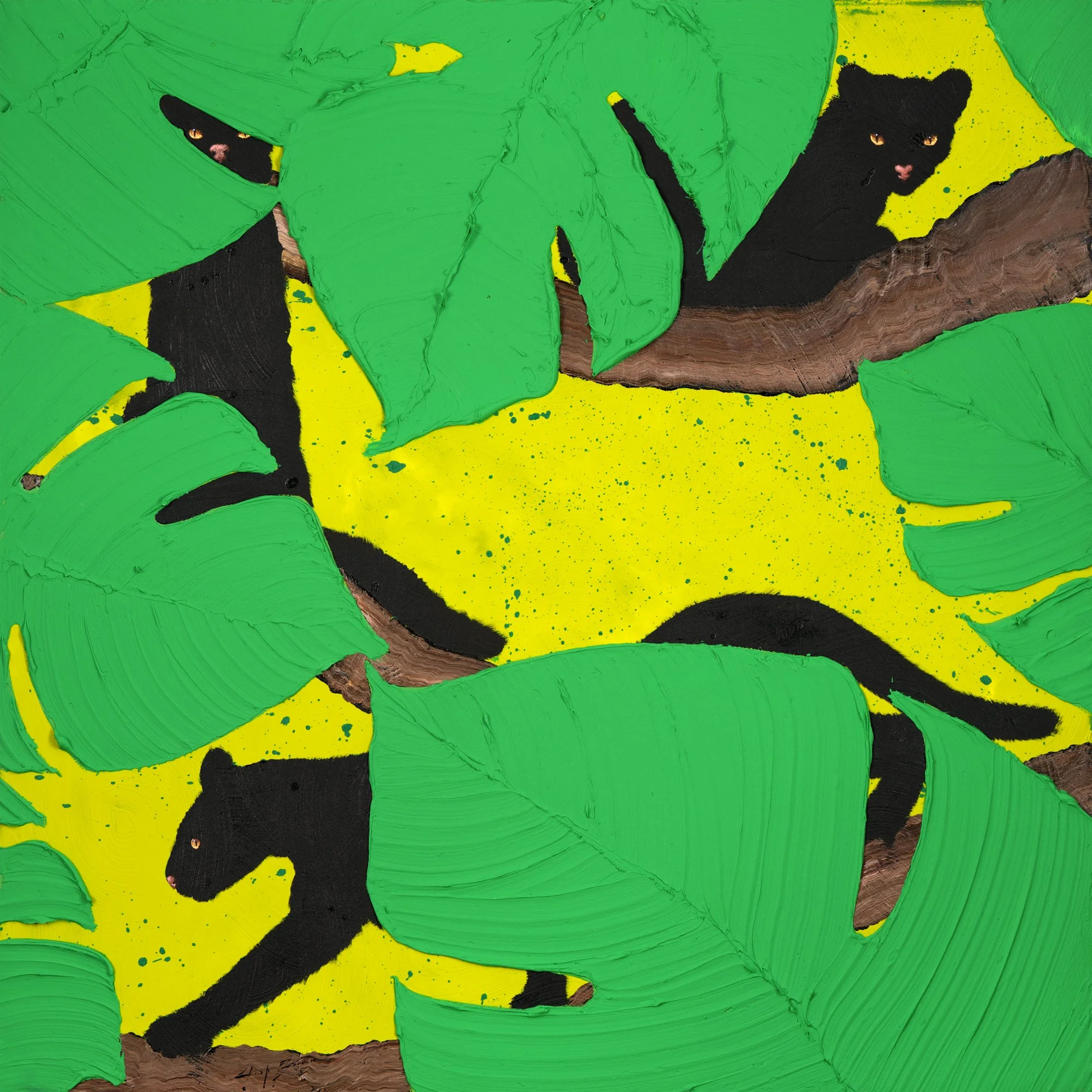 Original acrylic painting of black panthers concealed among oversized tropical green leaves on a vivid yellow background, featuring bold texture and palette-knife brushstrokes. Contemporary wildlife fine art created with archival acrylics on canvas.