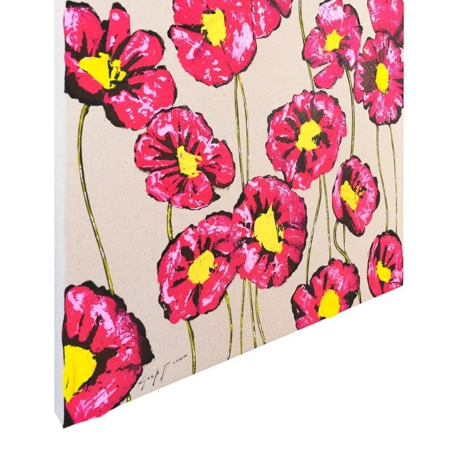 Square-format contemporary floral painting with playful pink and yellow color contrasts by Josh Brown.