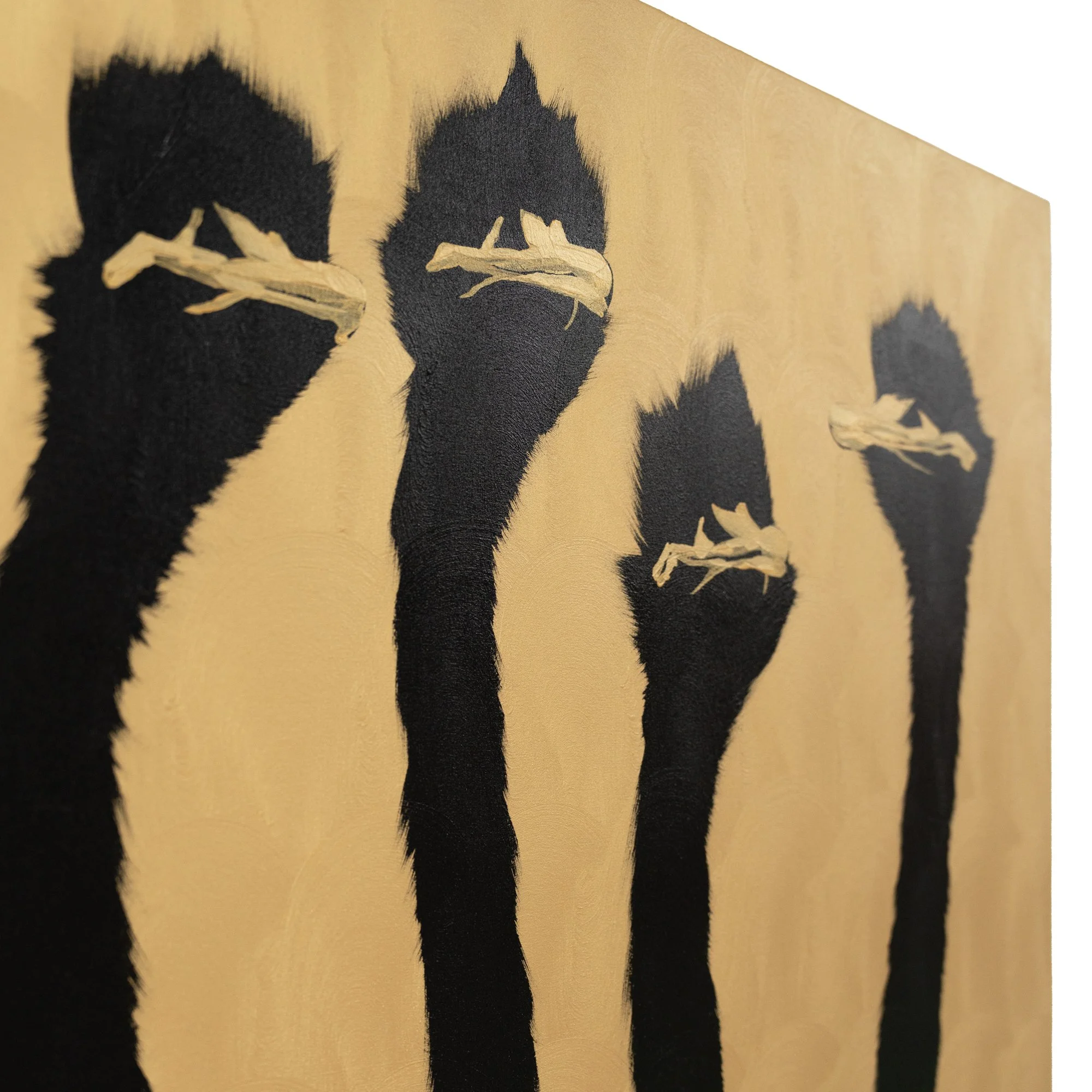 Detail of expressive brush edges and organic silhouette shapes in a modern ostrich painting by Josh Brown.