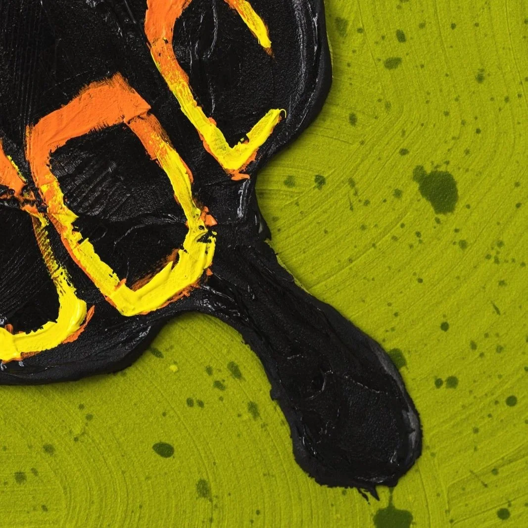 Zoomed-in section of a swallowtail butterfly painting revealing palette-knife texture and graphic symmetry showing orange, yellow, and black wings by Josh Brown.