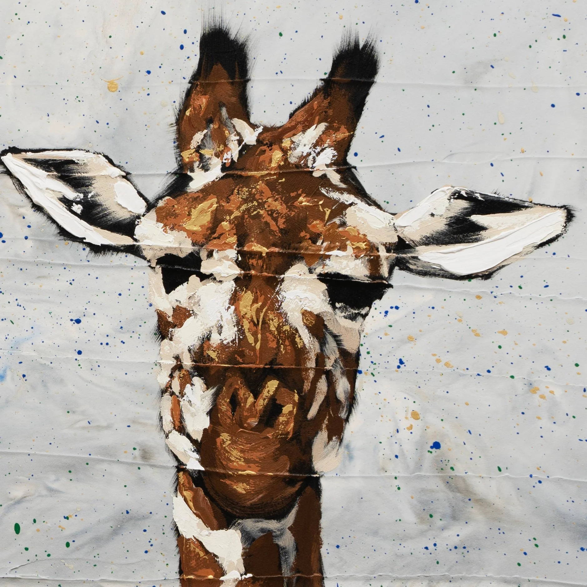 Close-up of a giraffe’s face showing thick, sculptural paint texture and warm earth tones by Josh Brown.