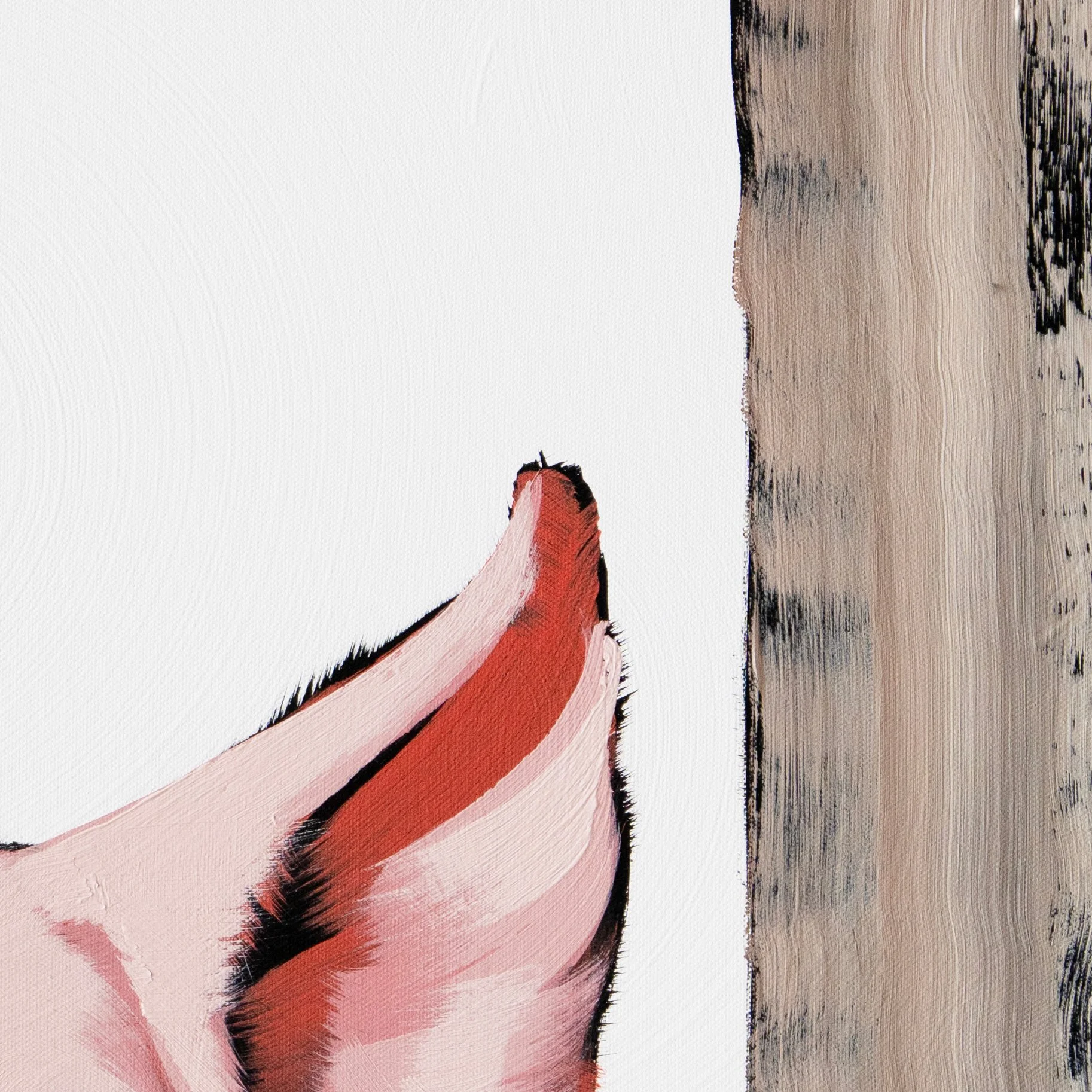 Acrylic painting of a pig peering outward from a rustic wooden frame by Josh Brown.
