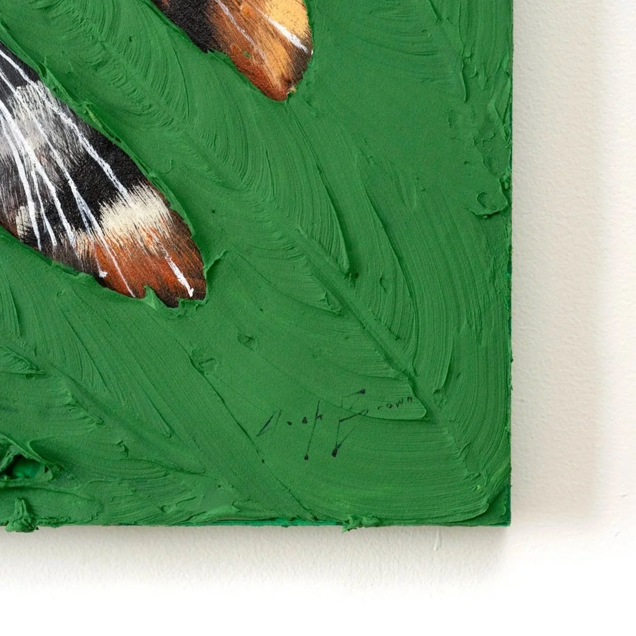 Zoomed-in section showing thick acrylic leaf textures layered over a tiger portrait in a bold jungle painting by Josh Brown.