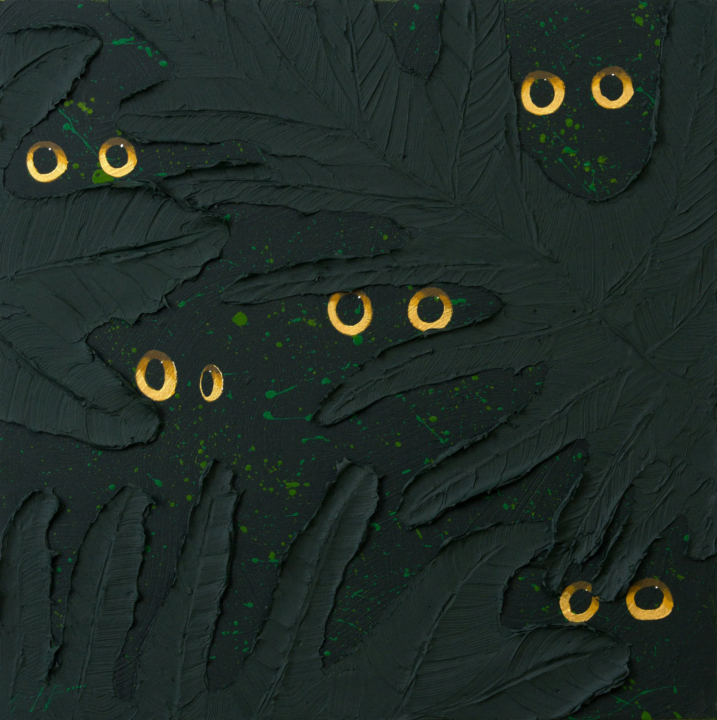 An acrylic painting by the New York City based artist, Josh Brown in thick stokes of paint in various dark shades of green that reveal golden eyes in darkness for the modern art collector.