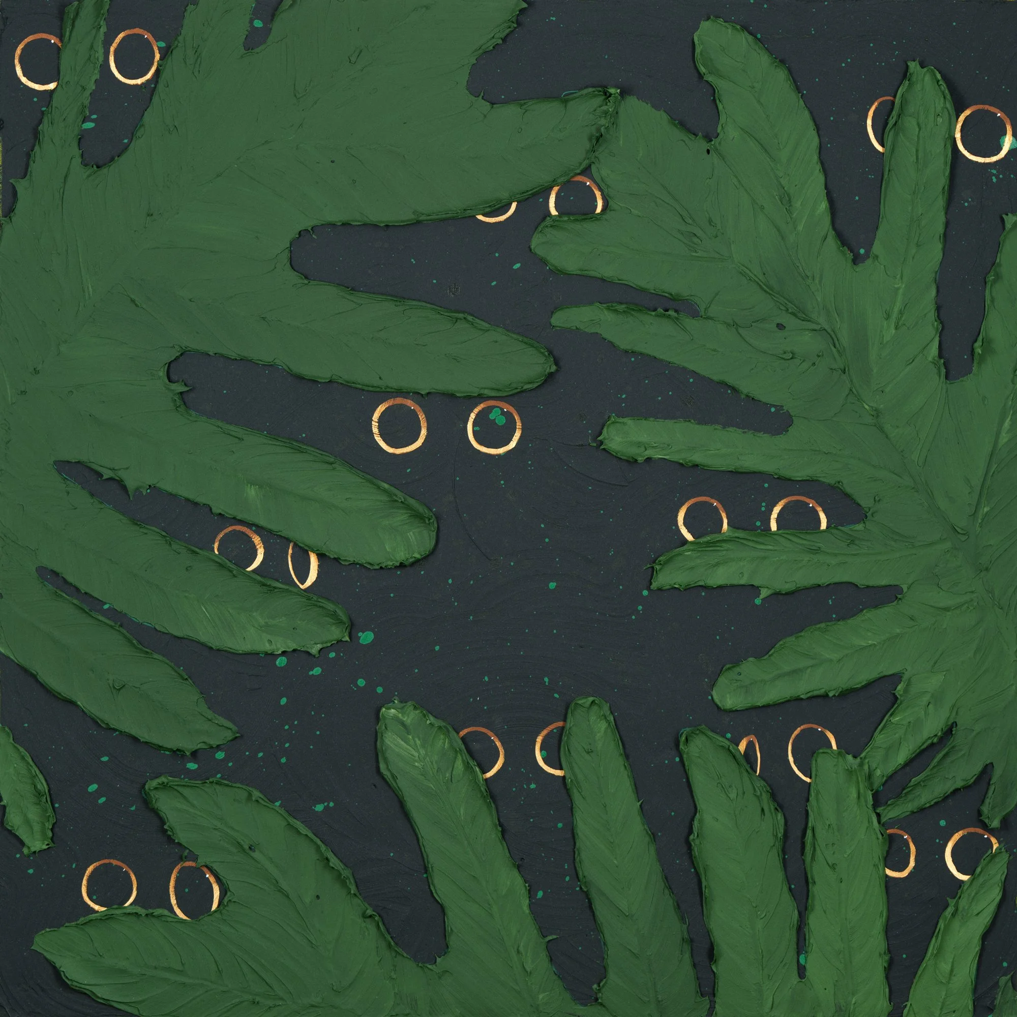 Original acrylic painting of layered green jungle leaves revealing golden eyes against a dark background, rich in texture and depth. Contemporary wildlife fine art created with archival materials for collectors seeking bold, modern statement pieces.