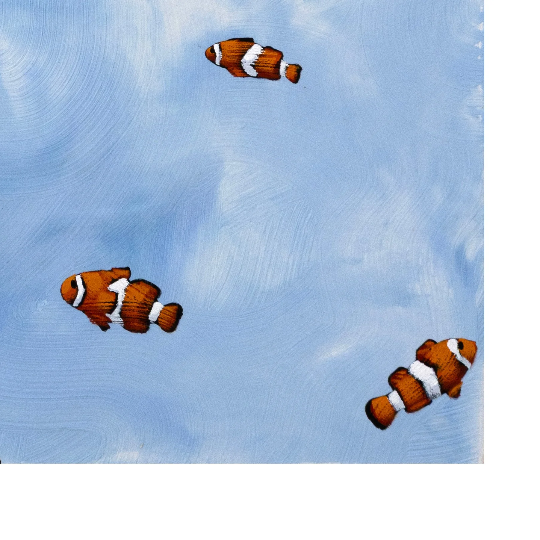 Original contemporary art depicting clownfish suspended in a painterly blue atmosphere cropped to show three fish by New York City artist by Josh Brown.