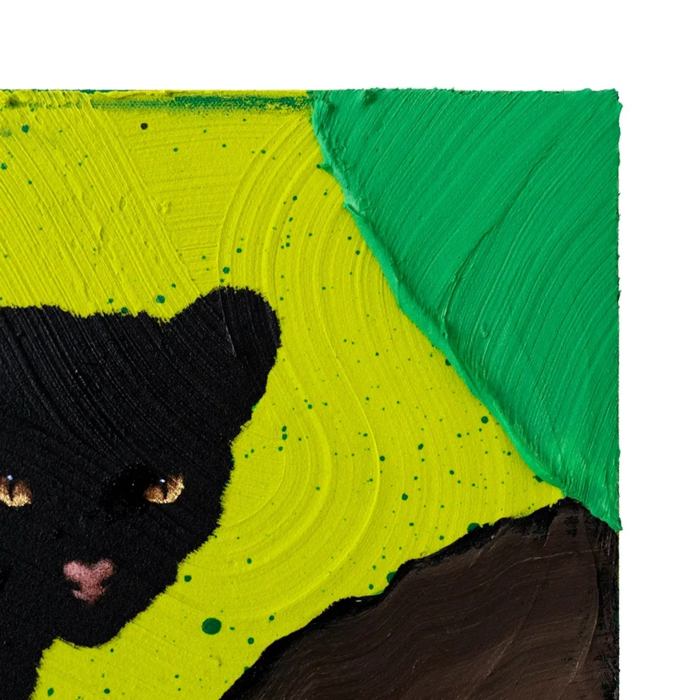 Detail view of a stylized black panther walking along a branch in a colorful jungle-inspired fine art painting by Josh Brown.