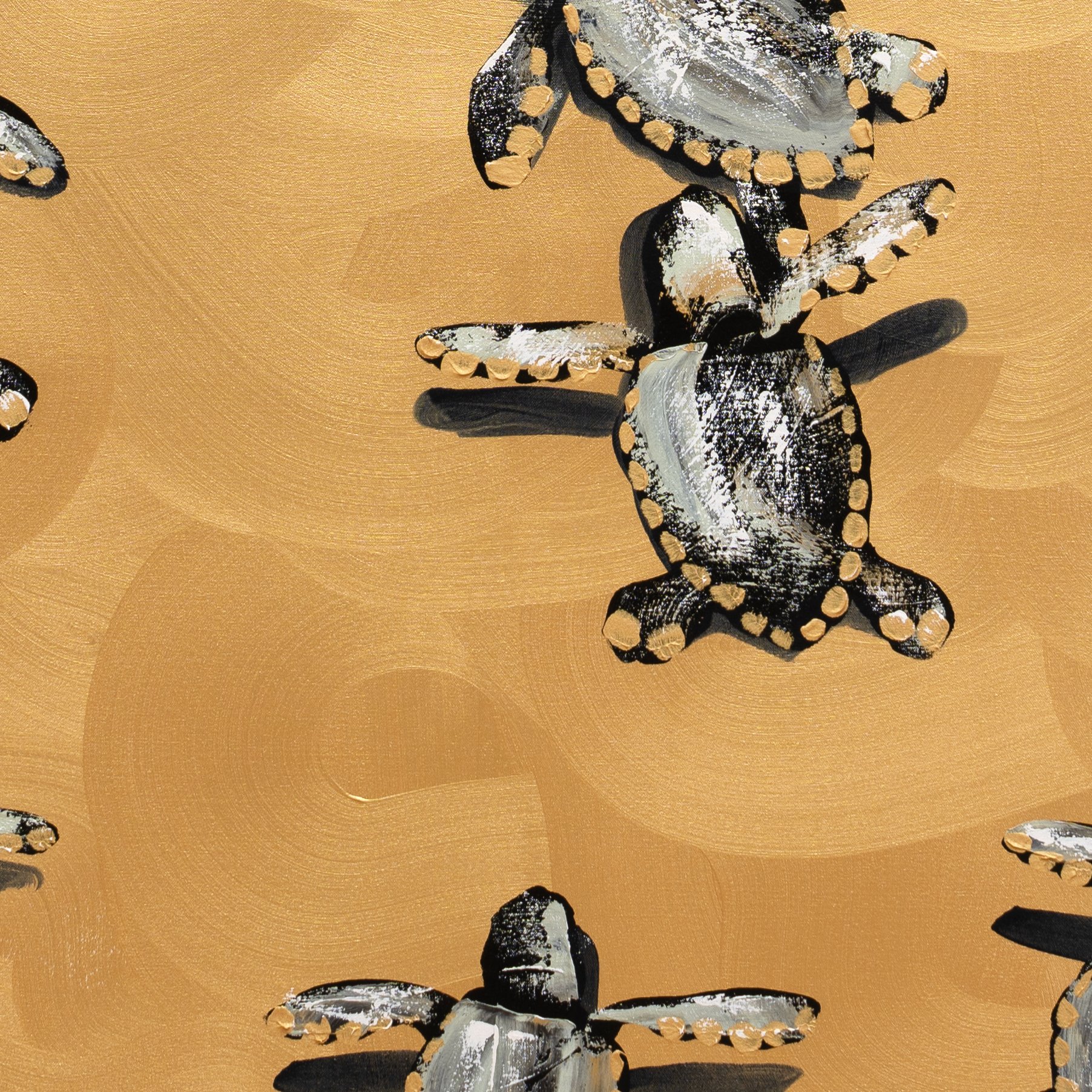 Textured acrylic painting of sea turtles moving across golden sand by New York City based artist Josh Brown.