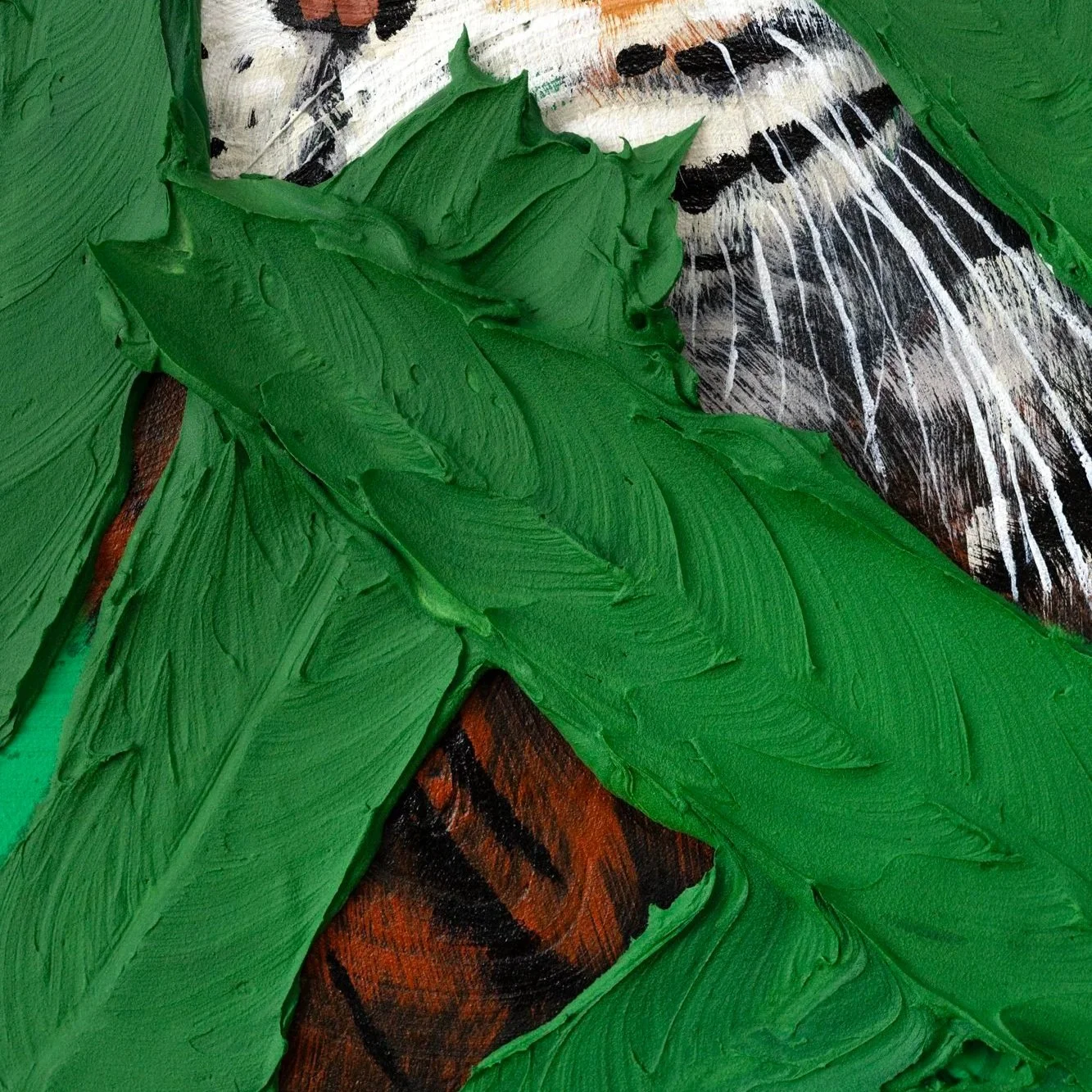 Detail of tiger stripes and whiskers emerging from dense foliage in a contemporary wildlife artwork by Josh Brown.