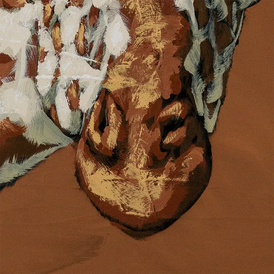 Detail of expressive facial features painted with loose, confident strokes on a terracotta ground by Josh Brown.