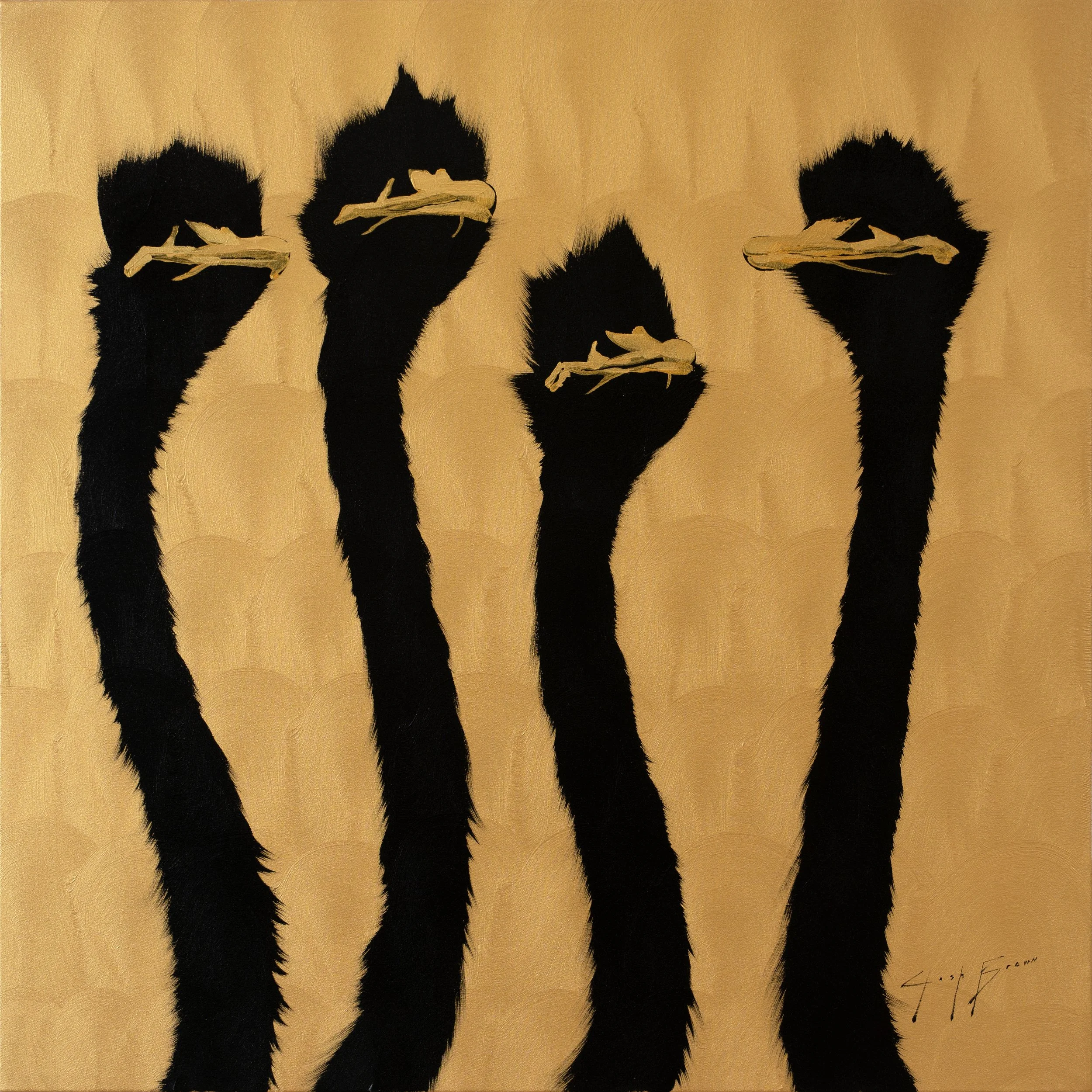 Original acrylic painting of four elongated ostriches on a warm gold background with expressive, minimalist texture. Contemporary wildlife fine art for collectors seeking refined statement pieces.