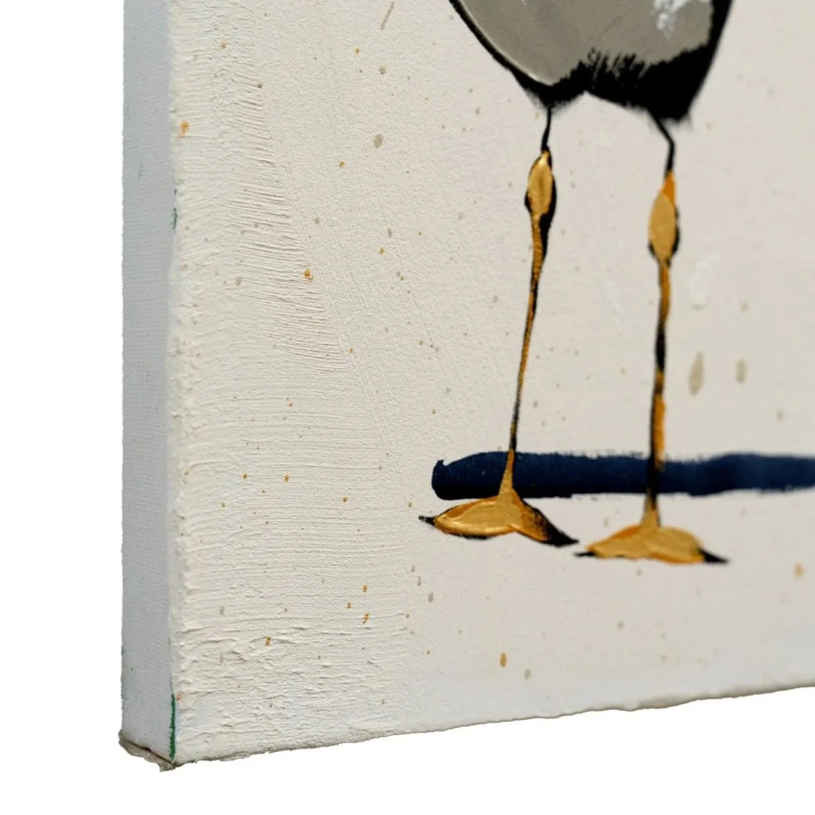 Textured acrylic painting of birds on a beach, emphasizing space, rhythm, and calm by Josh Brown.
