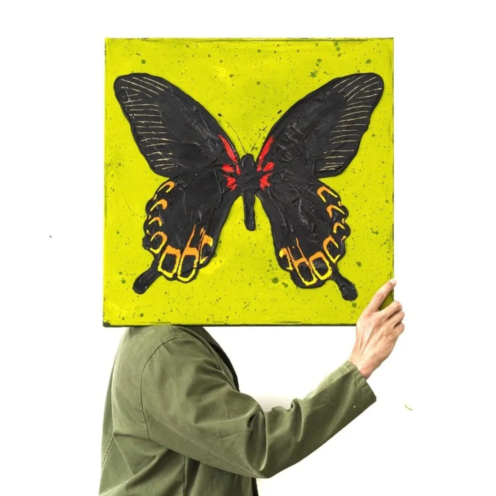 Detail crop of a modern butterfly painting featuring sculptural acrylic, high contrast color, and bold composition by Josh Brown.