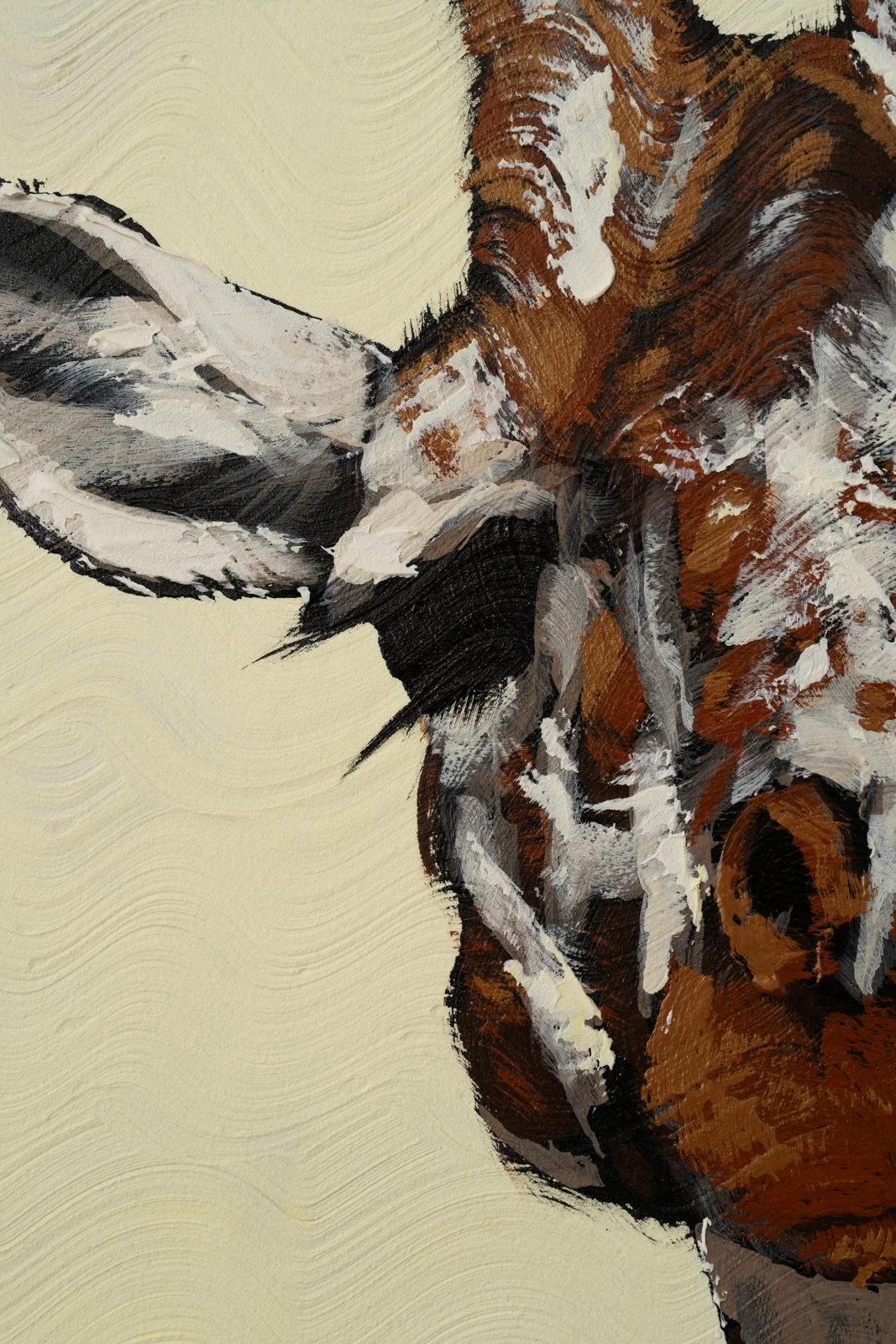 Modern wildlife painting featuring a giraffe with textured brushstrokes and warm brown tones by Josh Brown.