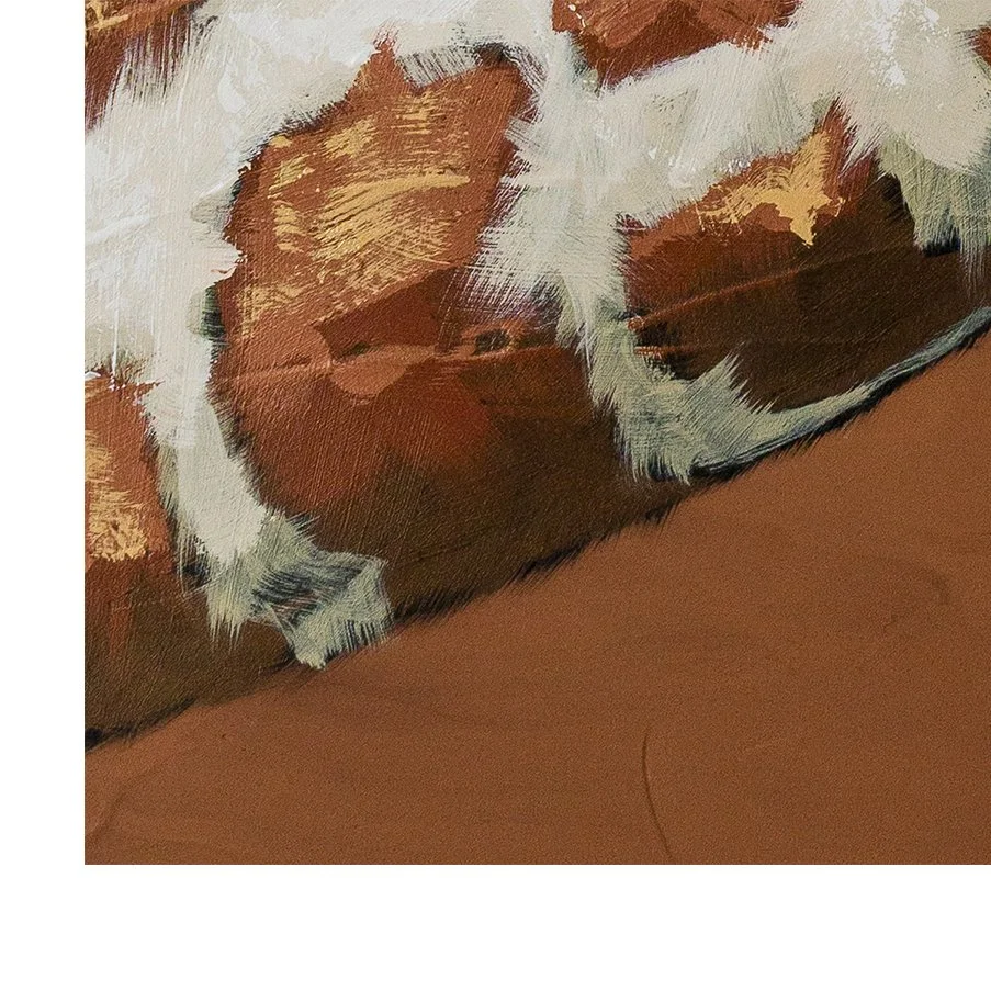 Zoomed-in view of painterly marks and warm earth tones in a contemporary animal portrait by Josh Brown.