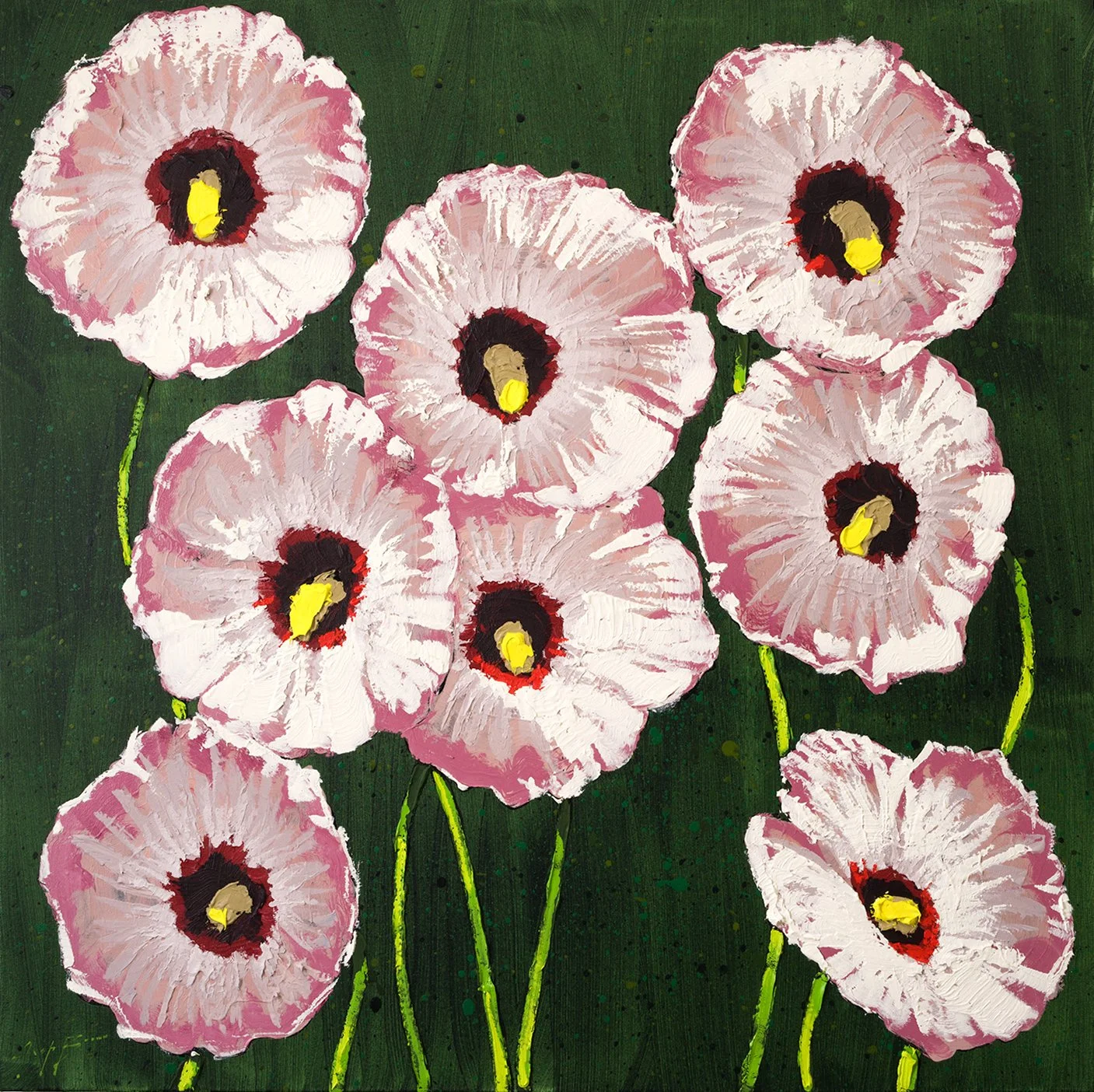 Original acrylic painting of soft pink hibiscus flowers set against a deep green background, featuring rich texture and expressive brushwork. Contemporary floral fine art for collectors seeking refined, modern statement paintings.