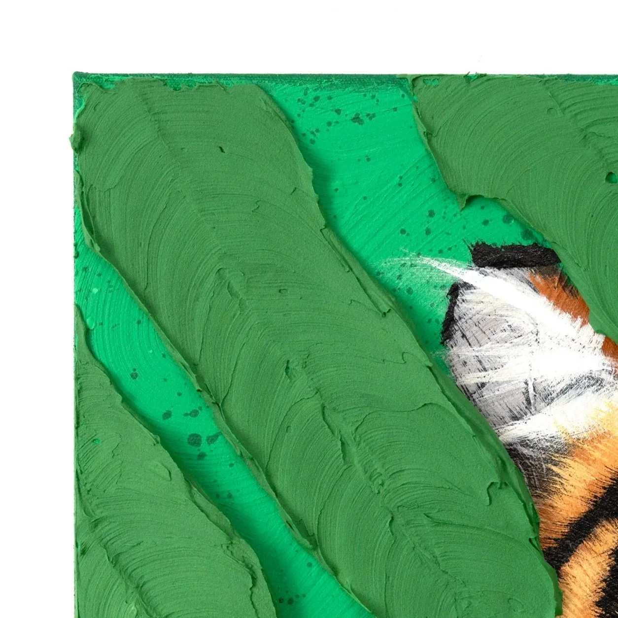 Detail crop of a contemporary tiger painting featuring expressive brushstrokes, layered leaves, and jungle atmosphere by Josh Brown.